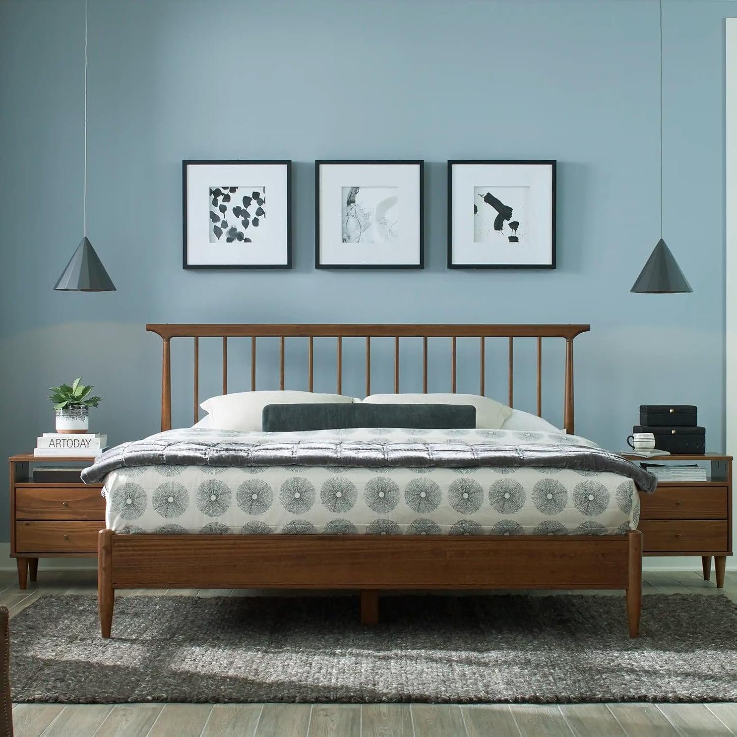 Grain Wood Furniture Mid Century Solid Wood Queen Size Spindle Bed with a Brushed Walnut Finish