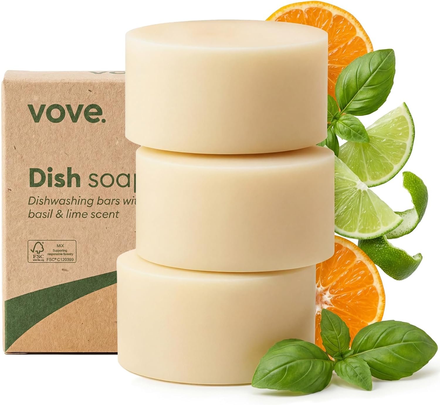 Vove Solid Dish Soap Bar 3 Pack, Coastal Citrus Mint, Plant-Based