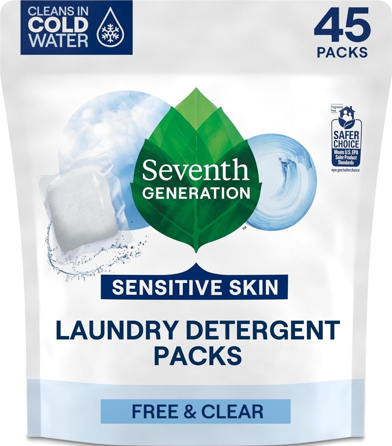 Seventh Generation Laundry Detergent Packs, Free & Clear, Made for Sensitive Skin, 45 Count