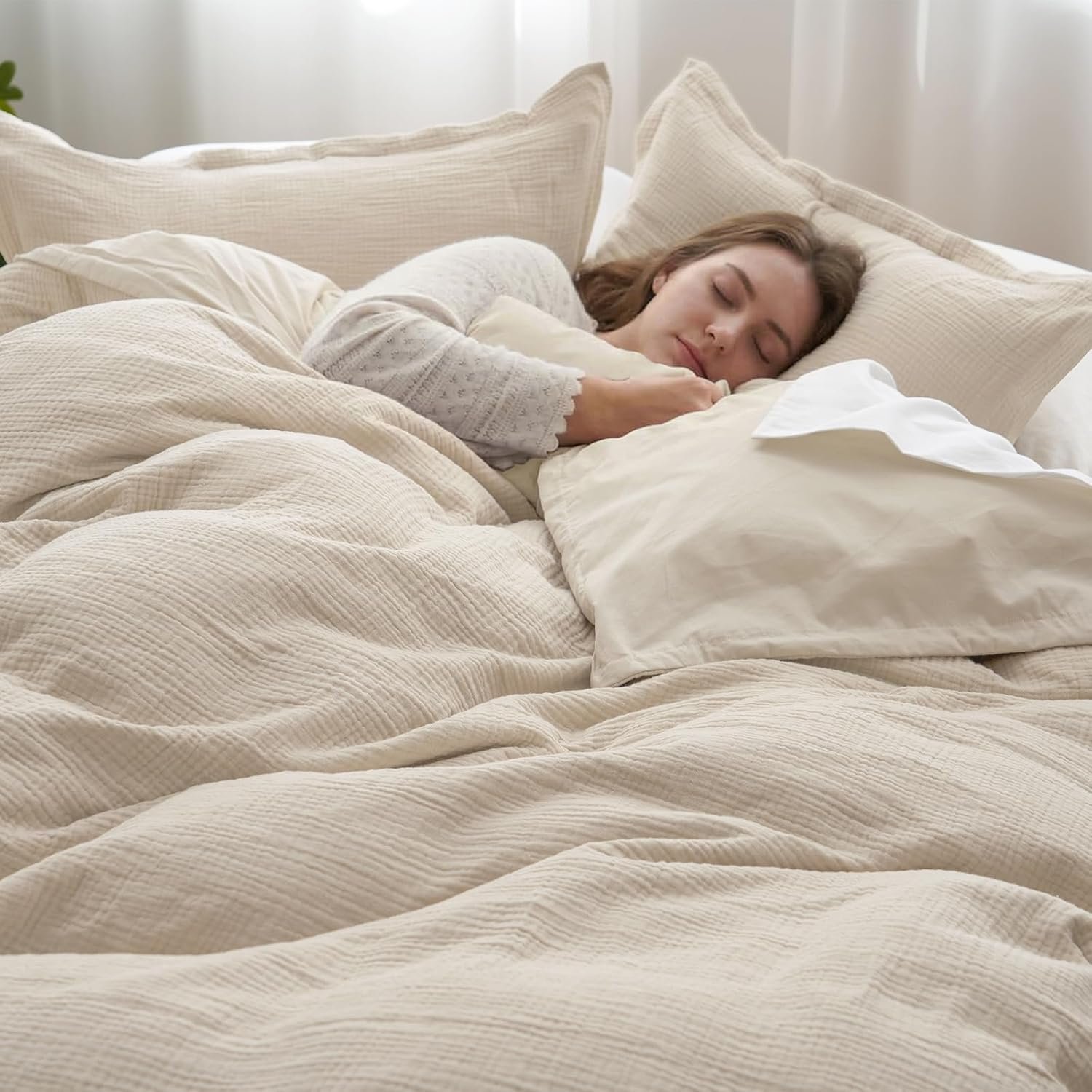 PHF 100% Cotton Muslin Duvet Cover King Size 3-Layer, 104″x90″, Natural
