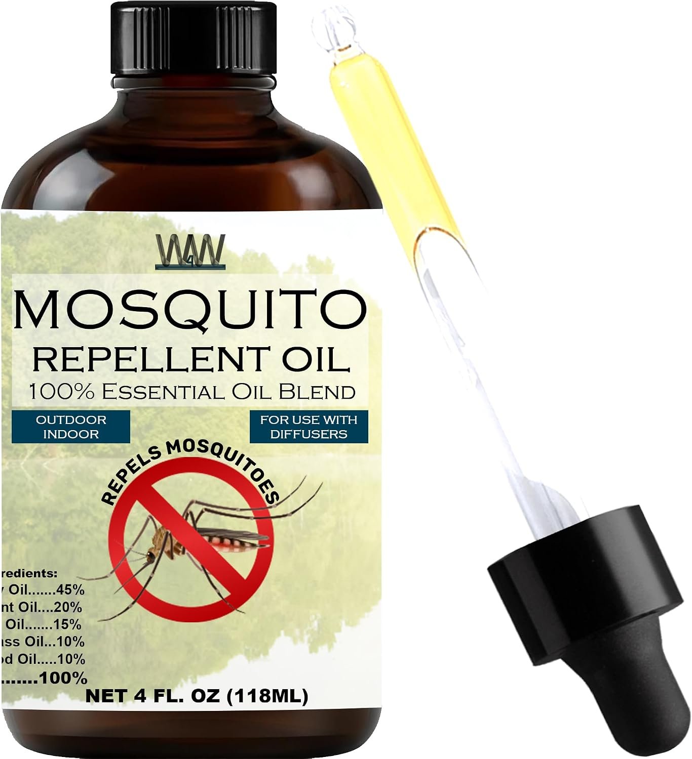 W4W Mosquito Oil – 100% Essential Oil Blend – 4 Oz – Mosquitoes, Gnats & Other Flying Insects – for use with Diffusers, Sprays, Lotions, & Soaps – 4 Ounce Dropper Bottle
