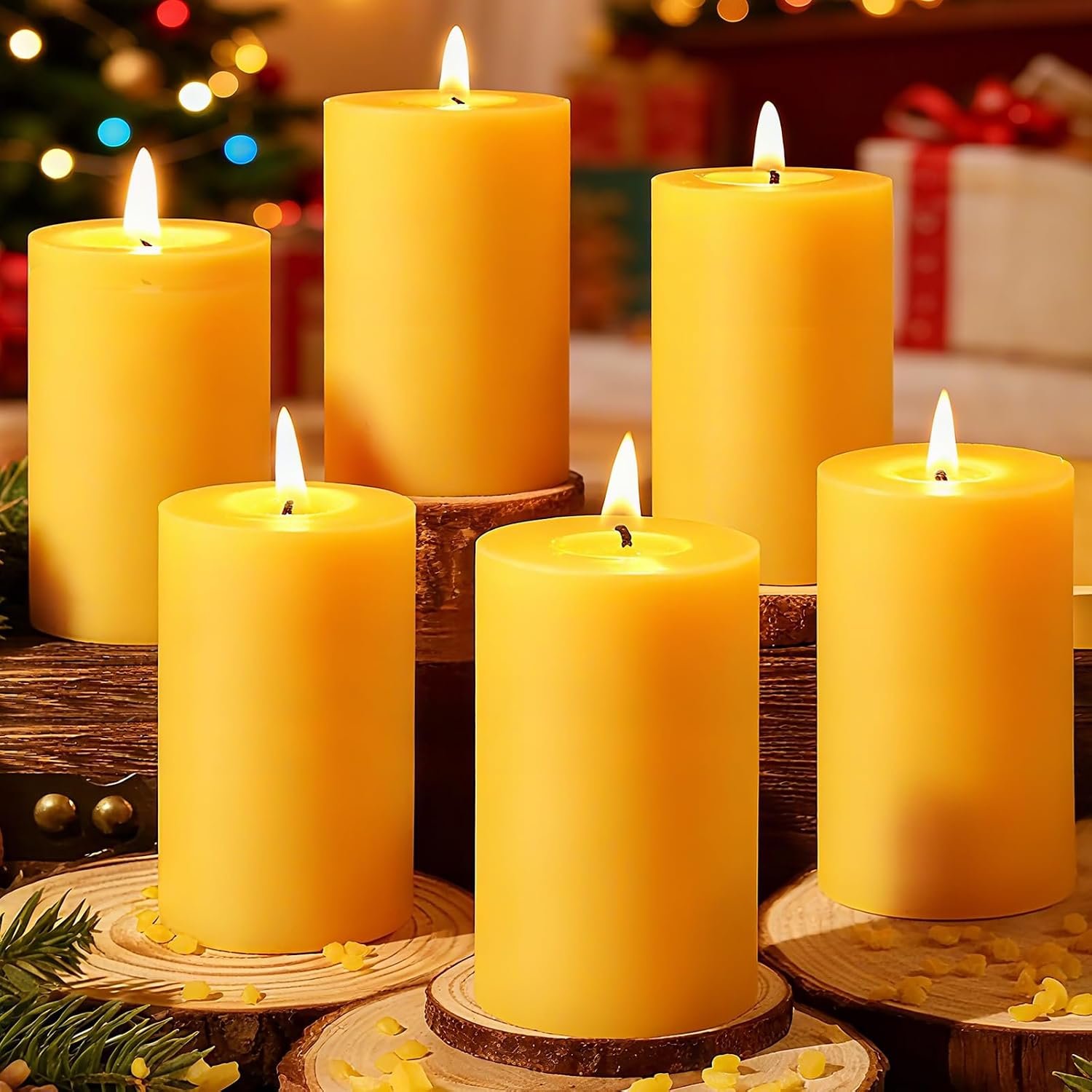 Natural Beeswax Pillar Candles 6 Pack, Pure Beeswax Candles