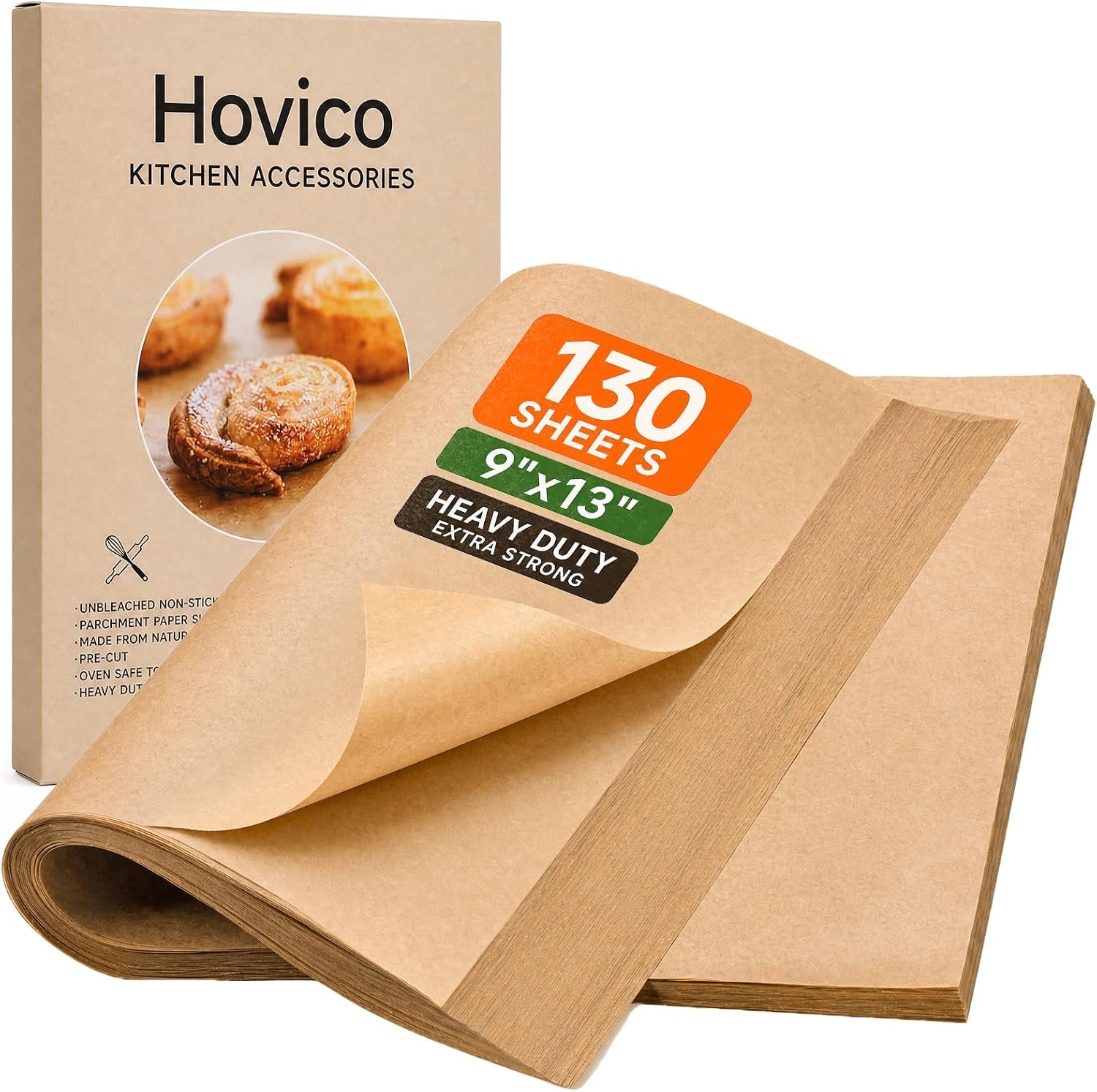 Hovico 130PCS Parchment Paper Baking Sheets, 9×13 Inch, Precut Non-Stick Parchment Sheets for Baking, Grilling, Air Fryer, Steaming, and More (Unbleached) – Perfect for BBQ, Picnic, Festival, Bread