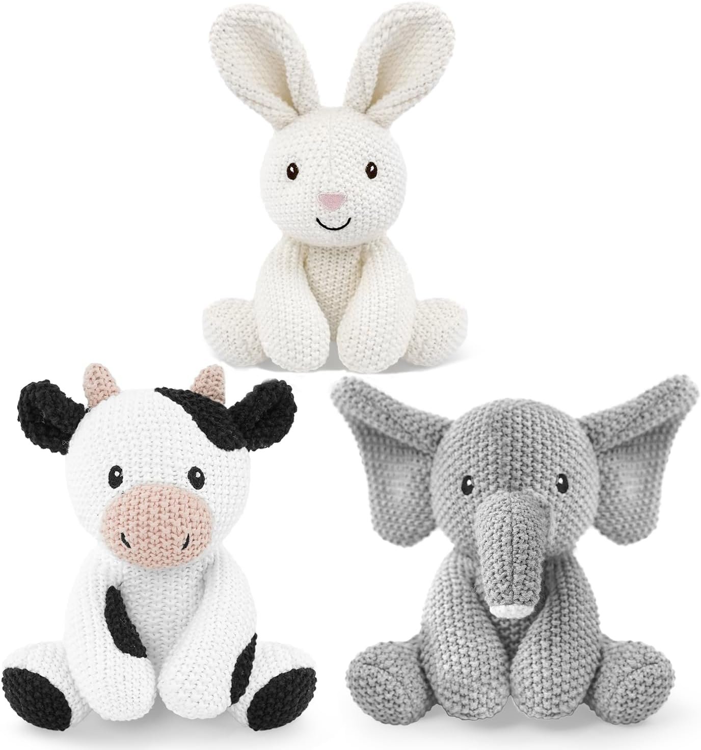 3Pcs Kids Stuffed Animals Toys 7-8″ Knitted Crochet Bunny Plush Cute Elephant Cuddly Cow Cotton Animal Plush Toy Set Gift for Girls Boys and Babies, Christmas, Easter