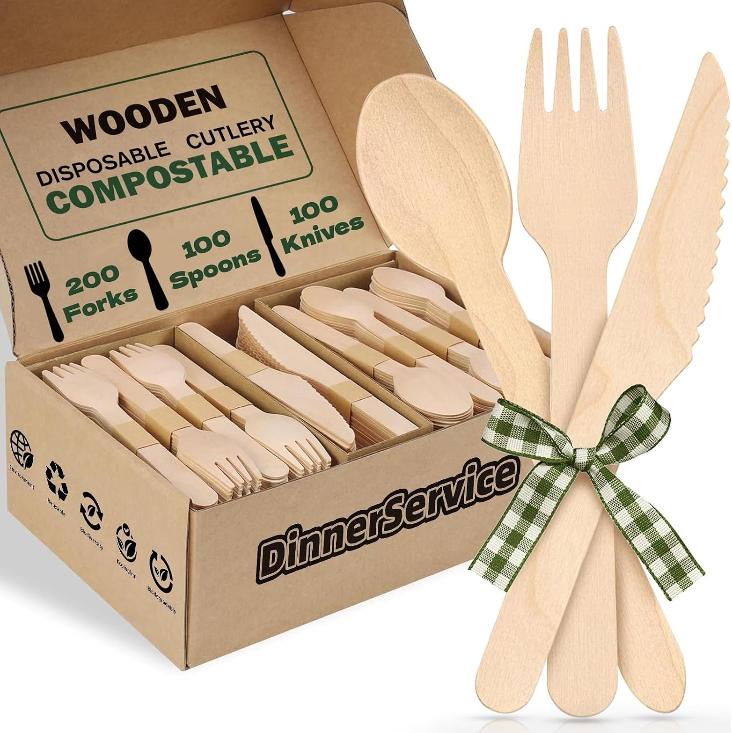 400PCS Compostable Wooden Utensils Disposable Cutlery Set