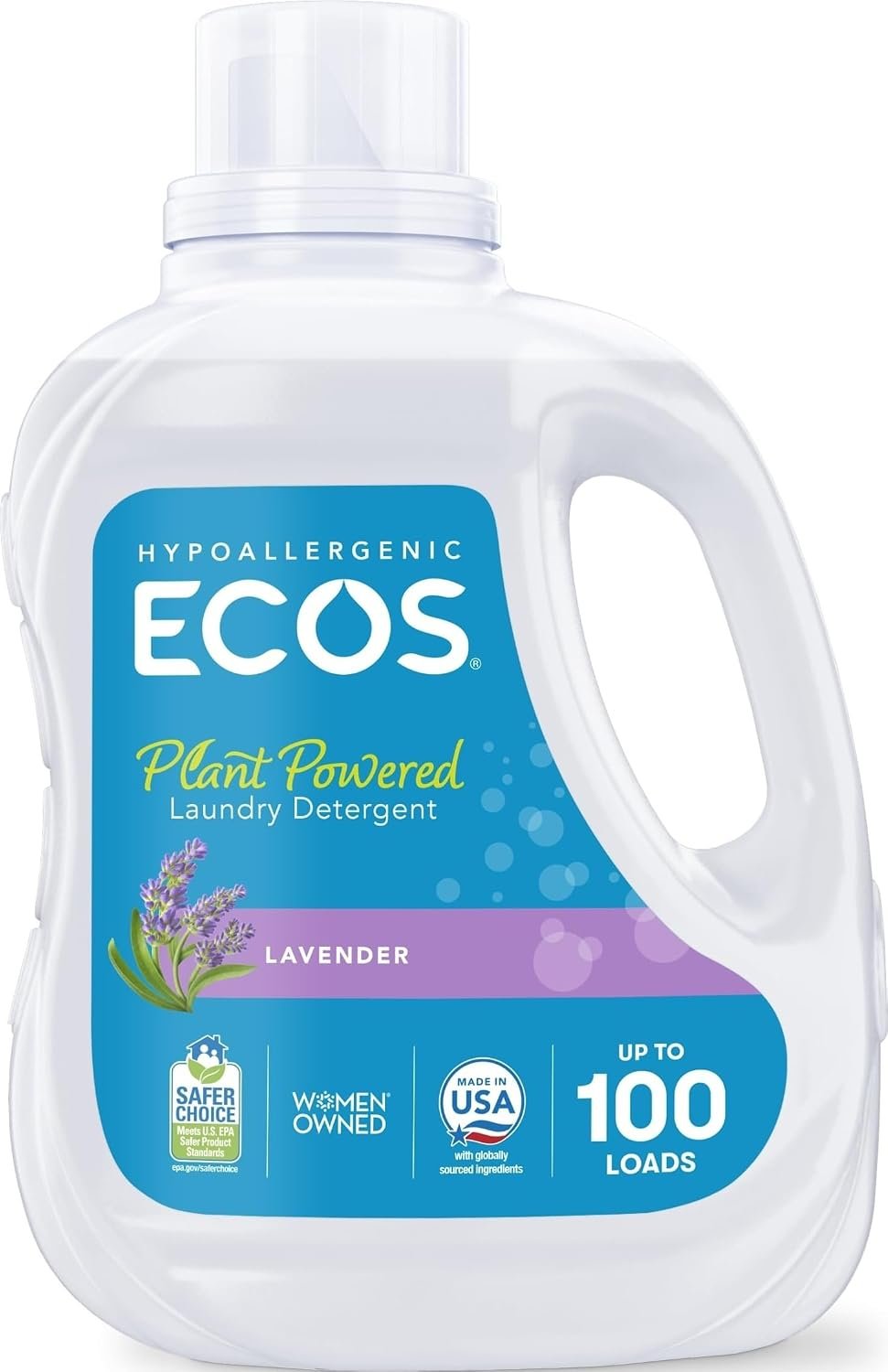 ECOS Laundry Detergent Liquid, 100 Loads – Dermatologist Tested Laundry Soap – Hypoallergenic, EPA Safer Choice Certified, Plant-Powered – Lavender, 100 Fl Oz