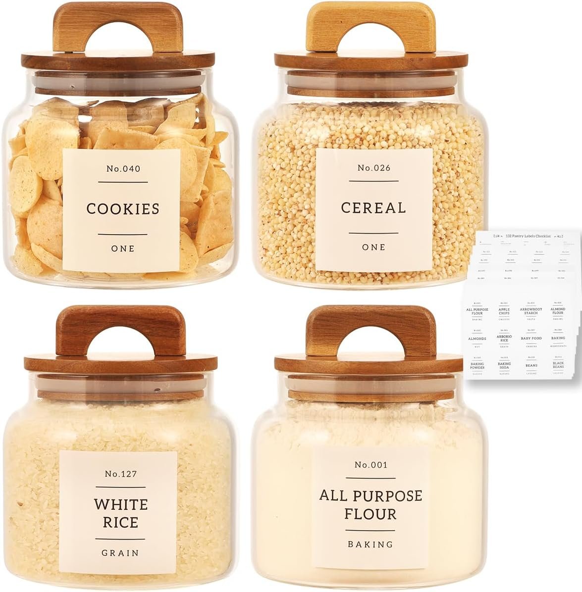 4 Pack Glass Pantry Storage Containers with 132 Pantry Labels – 37 FL OZ Kitchen Glass Canisters with Bamboo Airtight Lids – Farmhouse Glass Pantry Jars for Cookie, Rice, Pasta, Cereal, Bath Salt