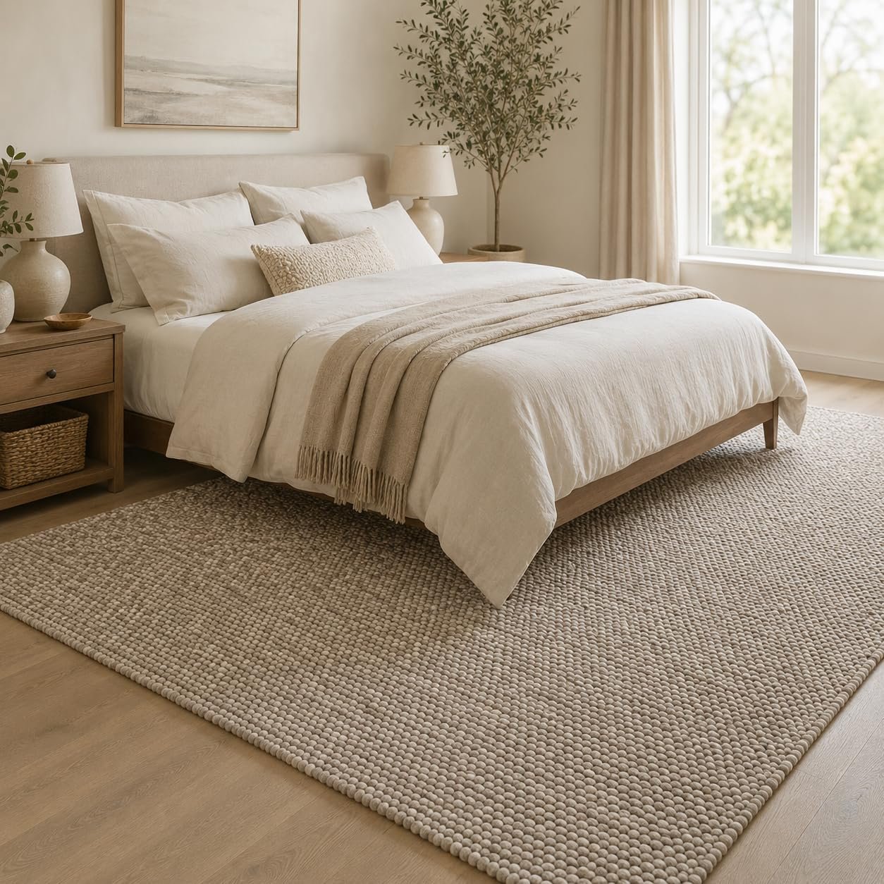 100% Wool Hand Woven Knit Popcorn Rug (5’x8′ – Beige)