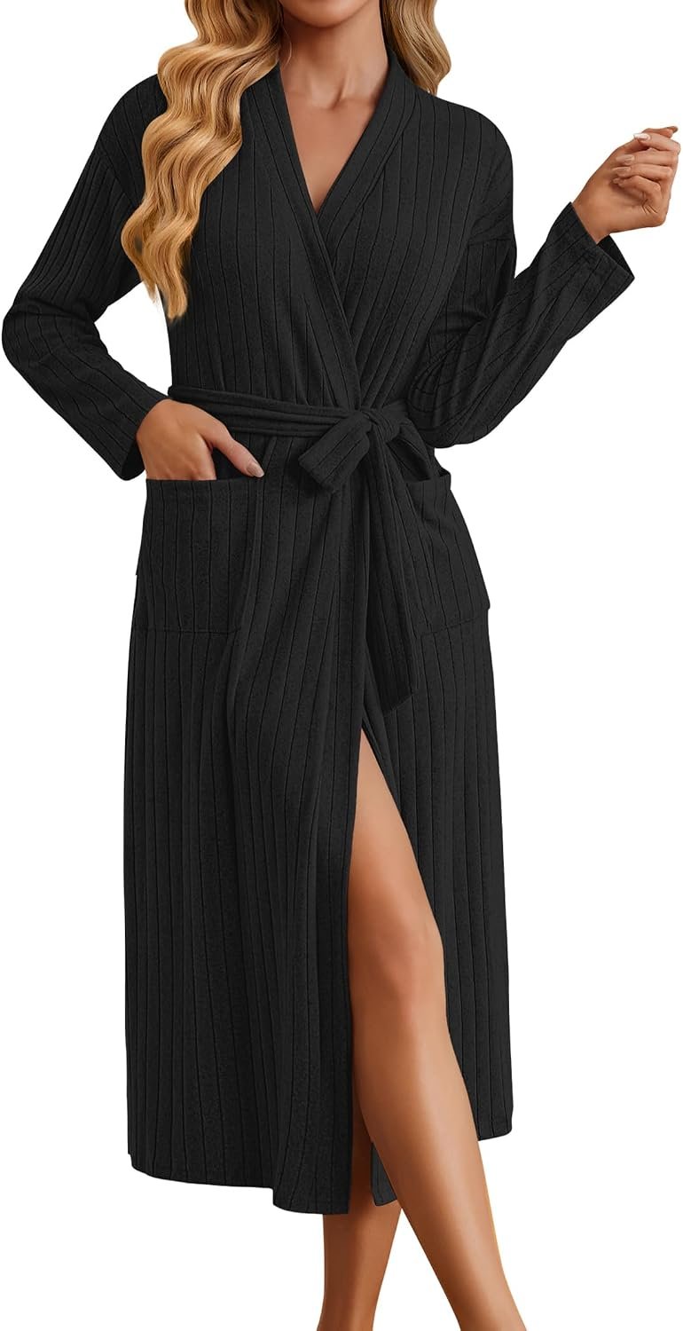 Ekouaer Womens Robes Long Bathrobe Ribbed Knit Kimono Robe Soft Sleepwear