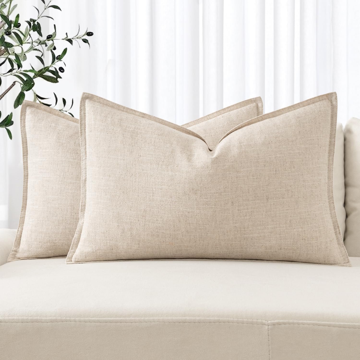 MIULEE Decorative Linen Lumbar Pillow Covers 12×20 Inch Natural Beige