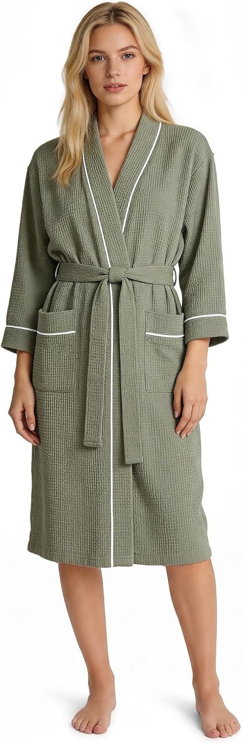 Inner Wish Women’s Cotton Waffle Kimono Robe, Lightweight Quick Dry Spa Shower Robe with Pockets