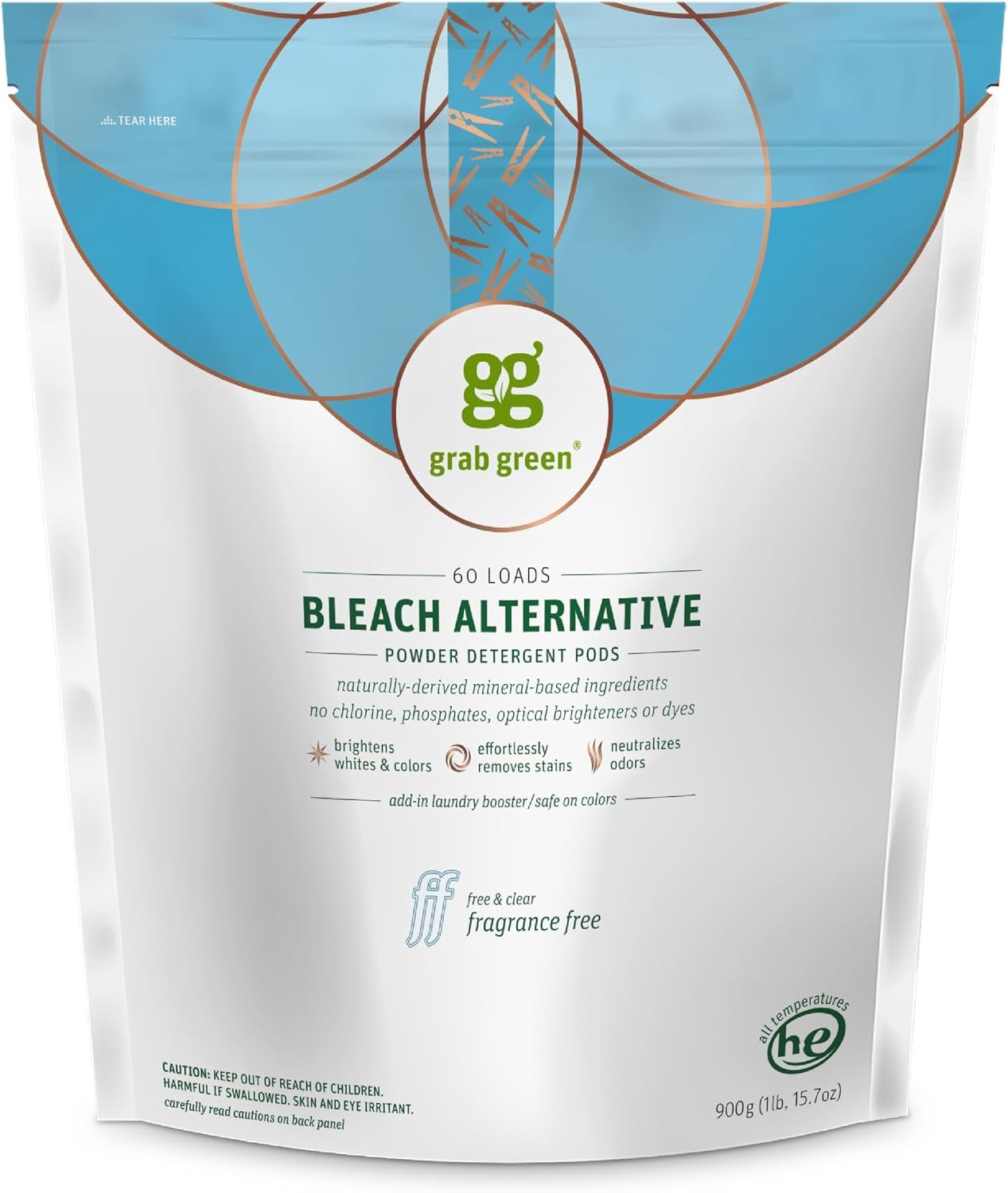 Grab Green Bleach Alternative Pods, 60 Count, Fragrance Free, Chlorine Free