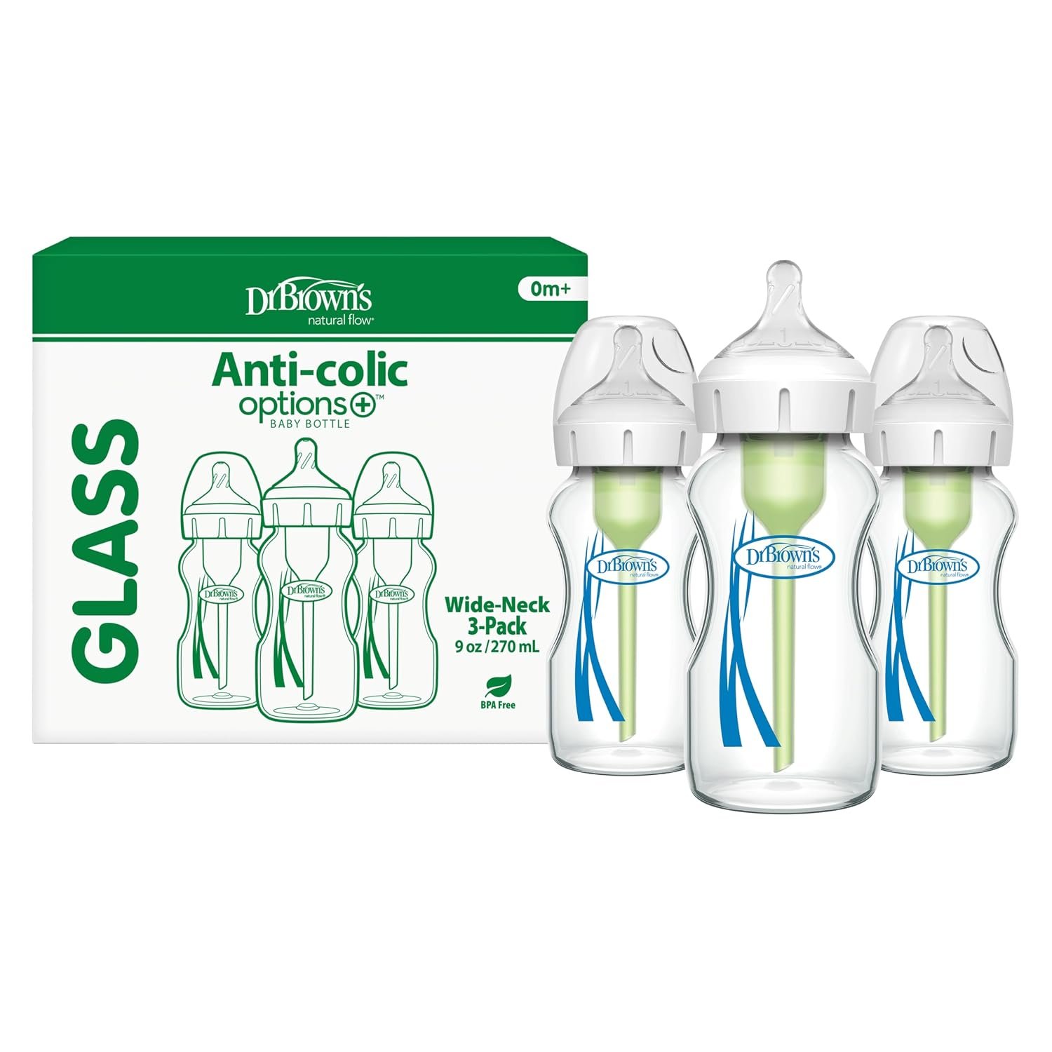 Dr. Brown’s Anti-Colic Options+ Wide-Neck Glass Baby Bottle, 9 oz, 3-Pack