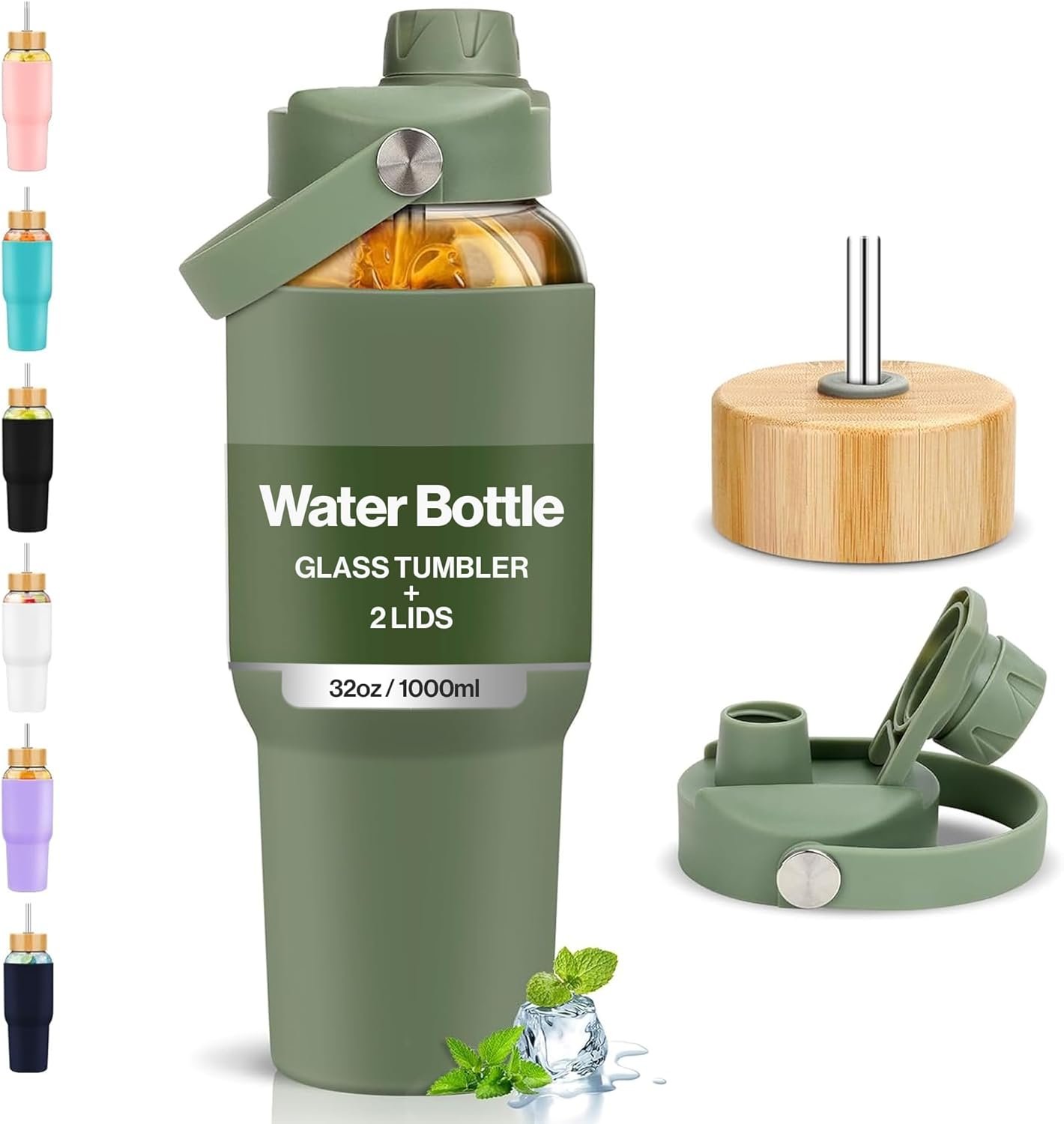 PROBTTL Glass Water Bottles 32 oz, 1 Liter Glass Tumbler, Borosilicate Water Bottle with Straw, Silicone Sleeve, 2 Lids – Handle Spout & Bamboo Straw Lid, Fits Car Cup Holder (Olive)