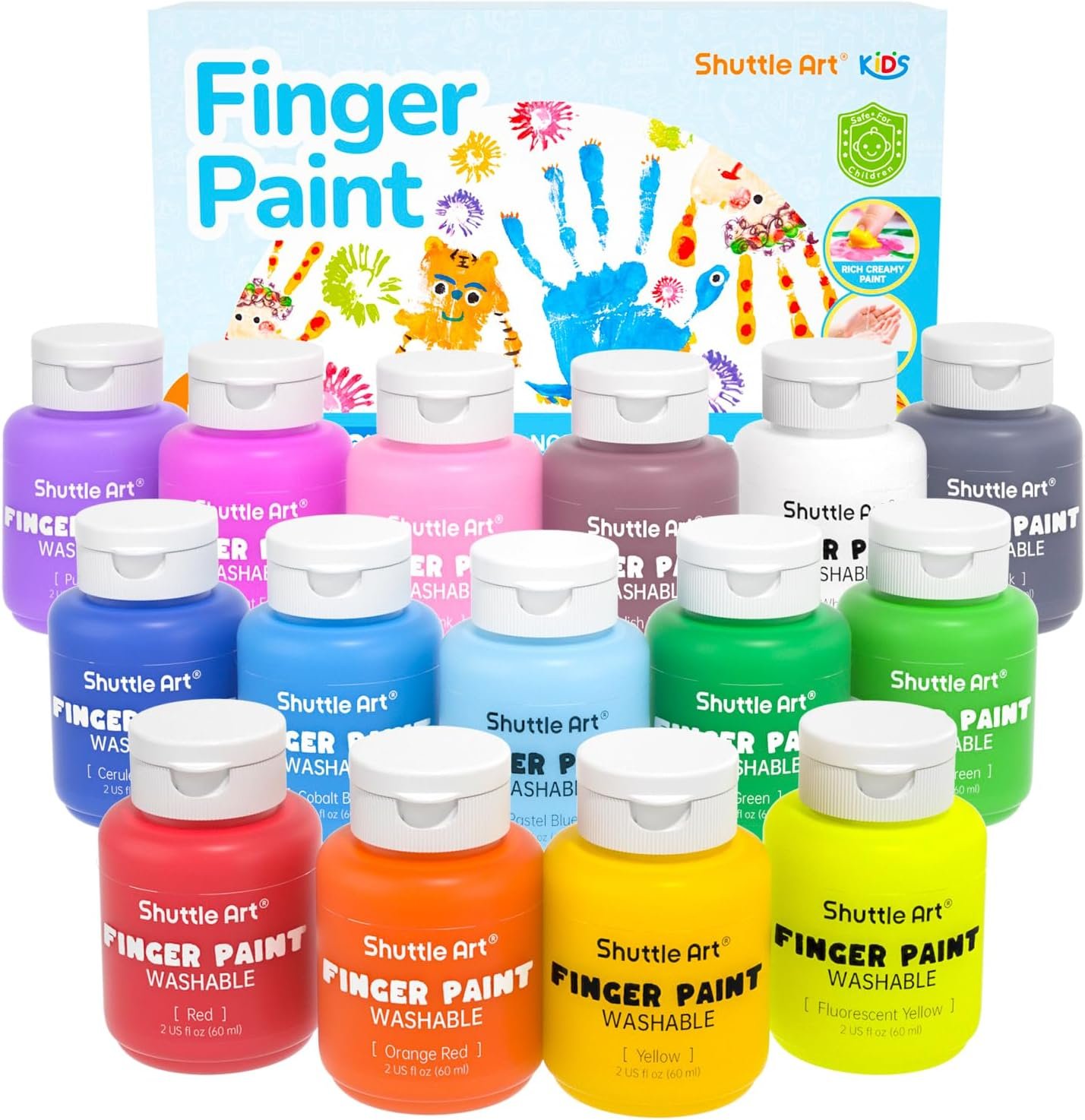 Shuttle Art Washable Finger Paint Set, 15 Colors (2 fl oz) Toddler Paint, Non-Toxic Finger Painting for Toddlers, Kids Arts and Crafts