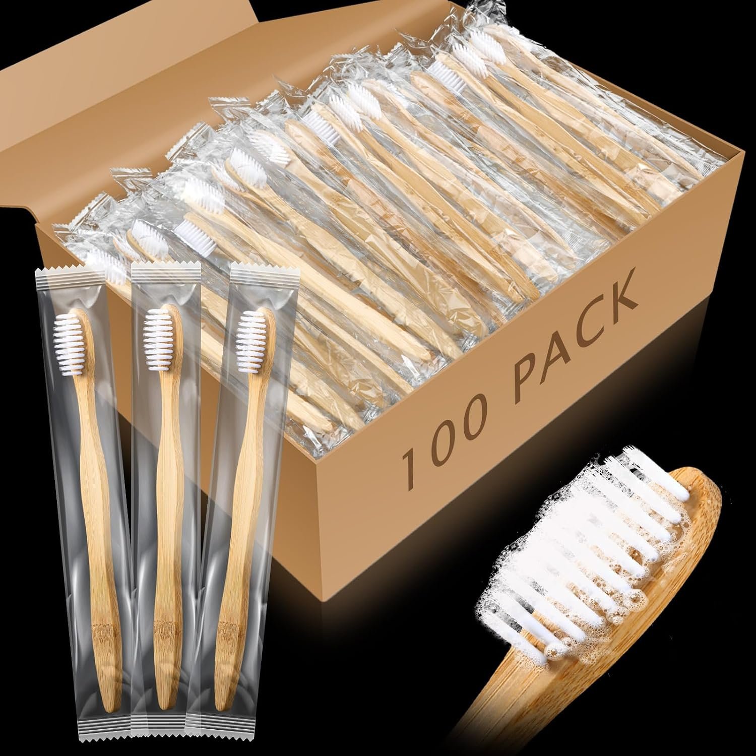 Sliner 100 Pcs Disposable Bamboo Toothbrushes Prepasted