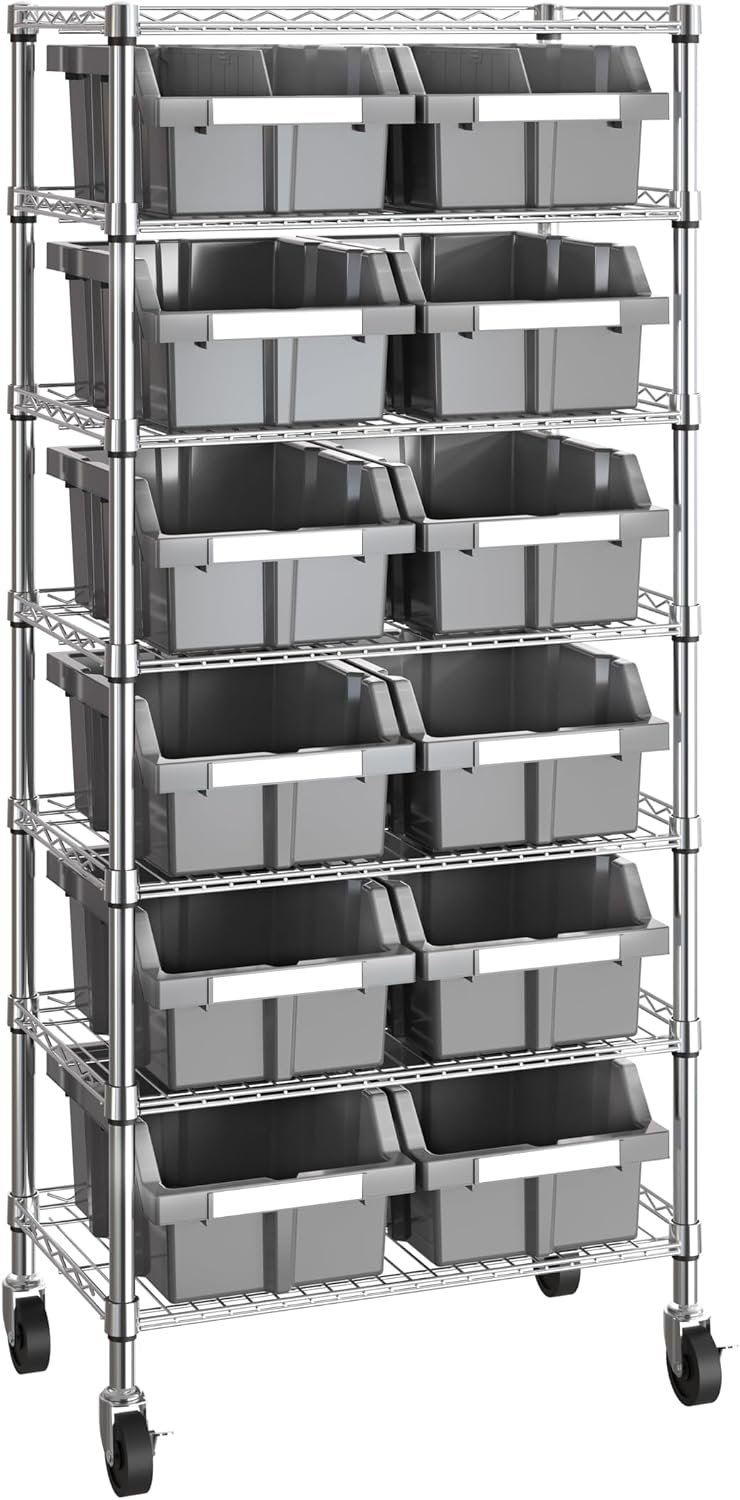 7-Tier NSF 12-Bin Steel Wire Shelving Rack, 25″W x 14″D x 56″H, Gray