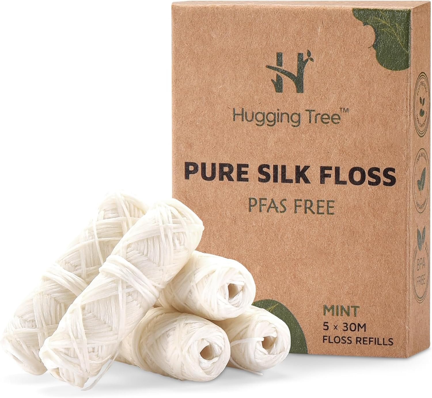 Natural Silk Dental Floss Refills | PFAS Free Dental Floss | Zero Waste Biodegradable | Mint (5 Pack, 33 Yards Each)