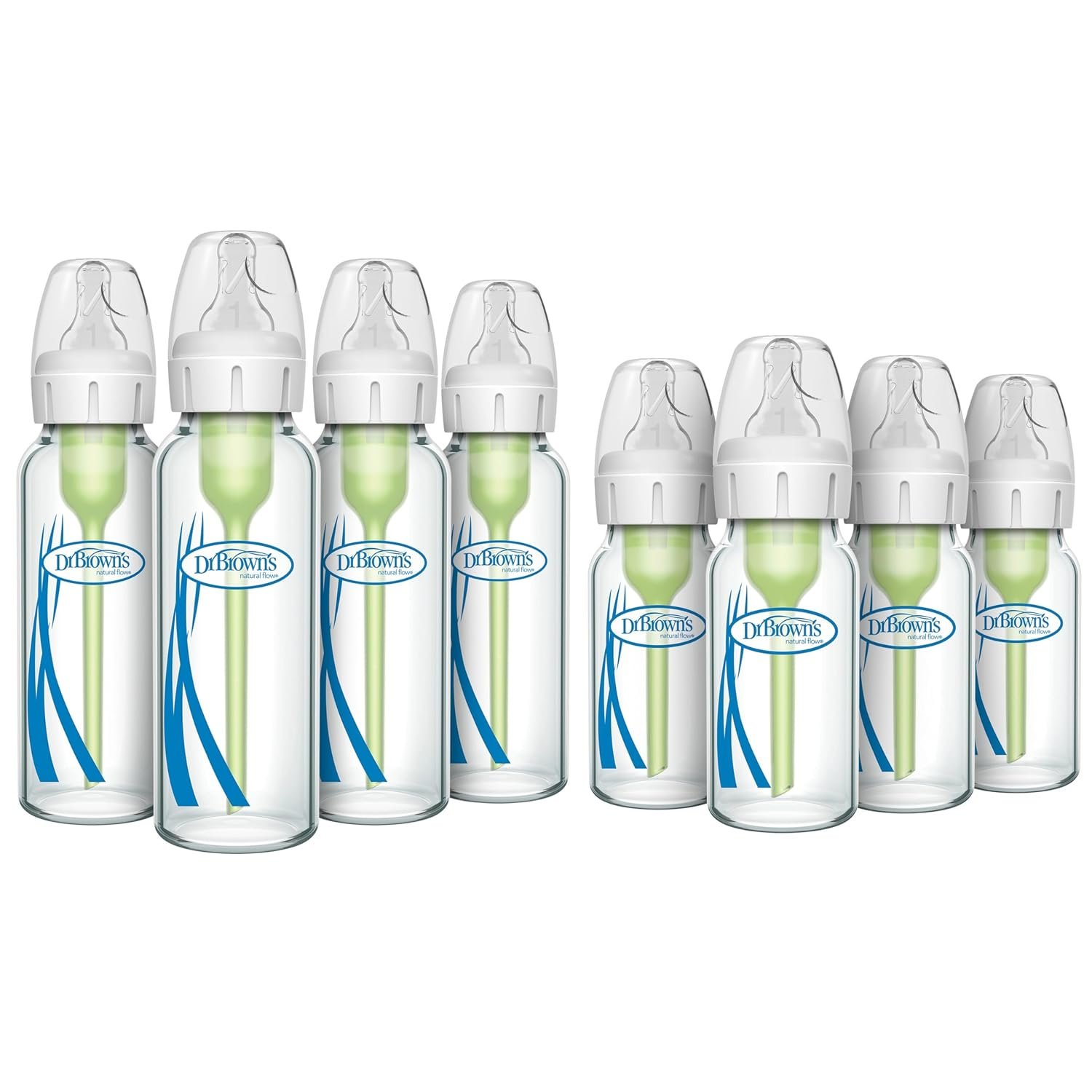 Dr. Brown’s Anti-Colic Options + Narrow Glass Baby Bottle with Level 1 Slow Flow Nipple, BPA-Free, 0m+, 4 oz/120mL, 4-Pack + 8oz/250mL, 4-Pack