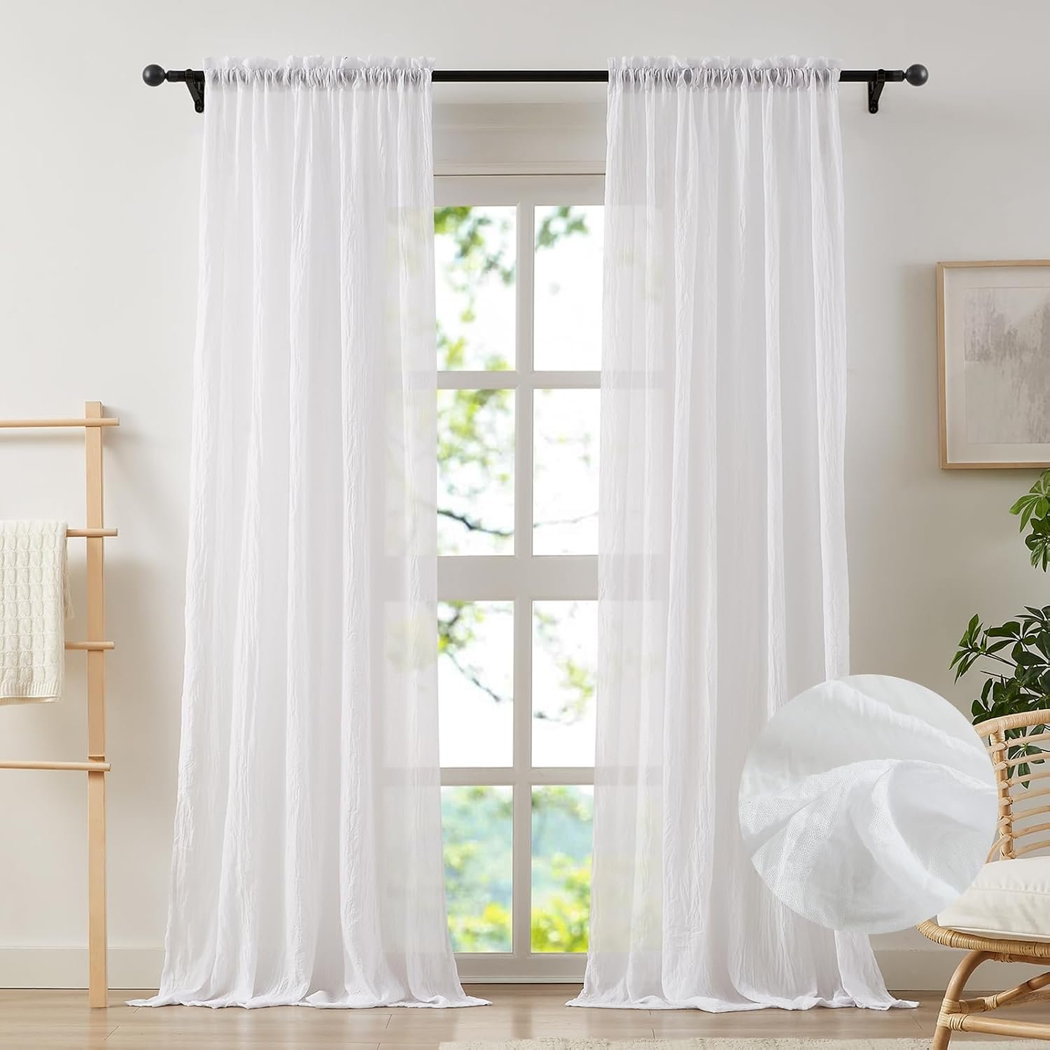 Anpark Elegant White Sheer Curtains 84 Inches Long for Living Room Bedroom, Cotton Linen Textured Light Filtering Crinkle Sheer Drapes Natural Rod Pocket Voile Curtains, W52 x L84 in, 2 Panels