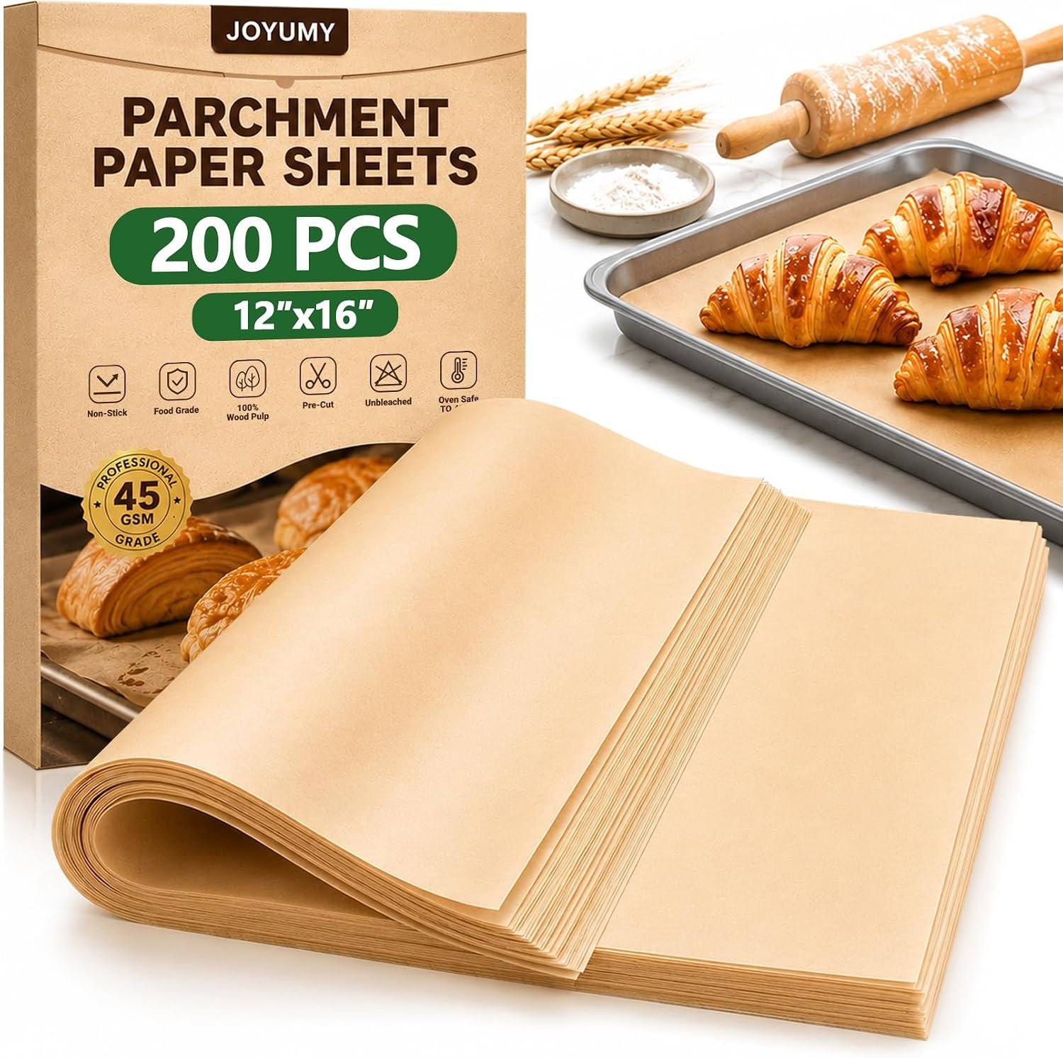 200 PCS Unbleached Parchment Paper for Baking, Non Stick Brown Baking Sheets, Precut Parchment Paper Sheets for Cooking, Air Fryer, Oven (12″ X 16″)