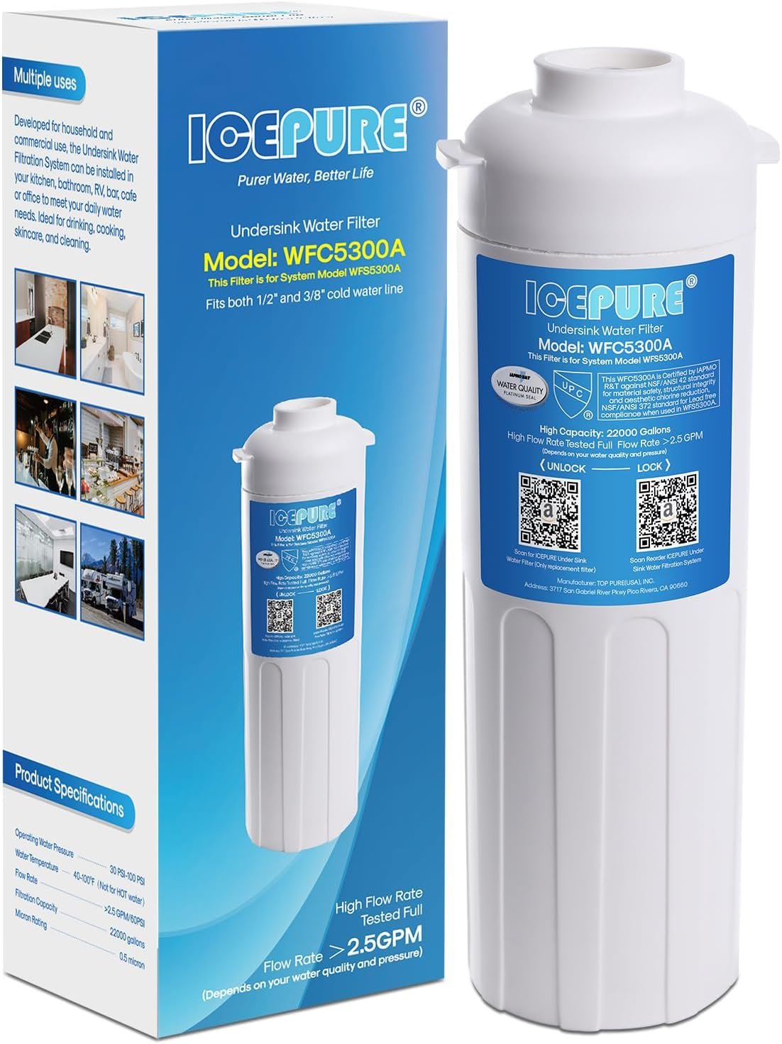 ICEPURE WFC5300A Under Sink Water Filter system, 3 Years or 22000 Gallons Ultra High Life, Replacement for ICEPURE WFS5300A Under Sink Water Filtration System, Removes Heavy Metals,Chlorine