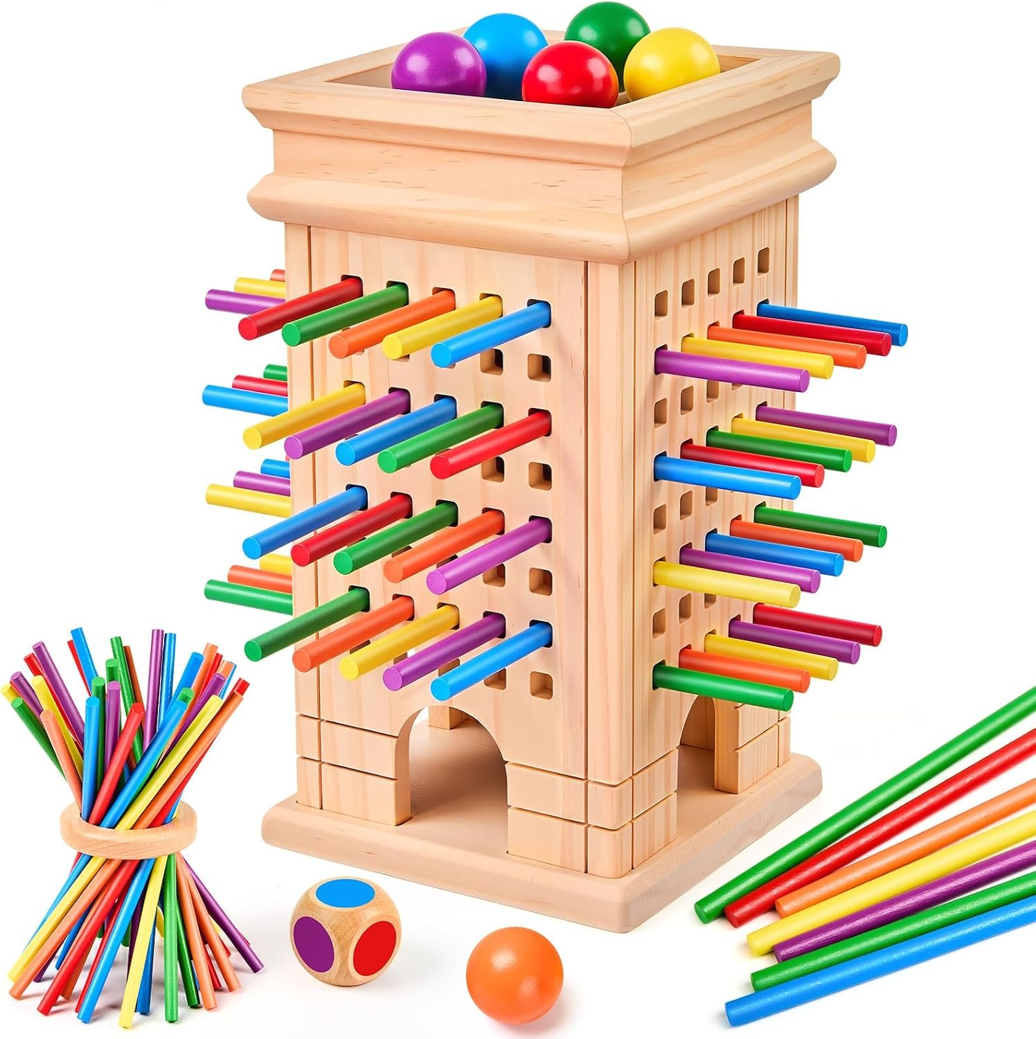 Montessori Wooden Board Game, 42 Sticks Dice Games for Kids 3-5, Ball Drop