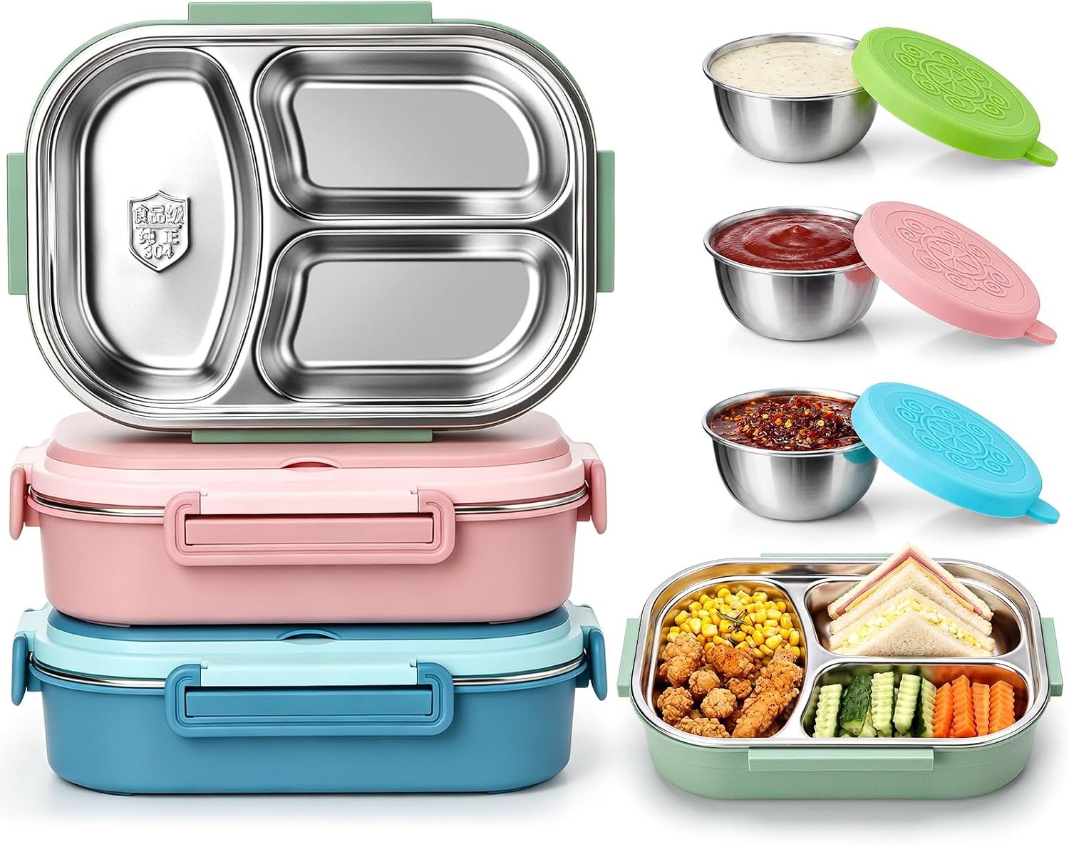 FoldTier 3 Pack Stainless Steel Lunch Boxes Include 3 Lidded Condiment Cups