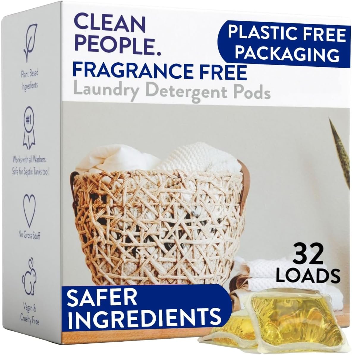 The Clean People Fragrance Free Laundry Detergent Pods – Hypoallergenic Laundry Pods – Ultra Concentrated, Recyclable Packaging, Stain Fighting – Fragrance Free, 32 Pack