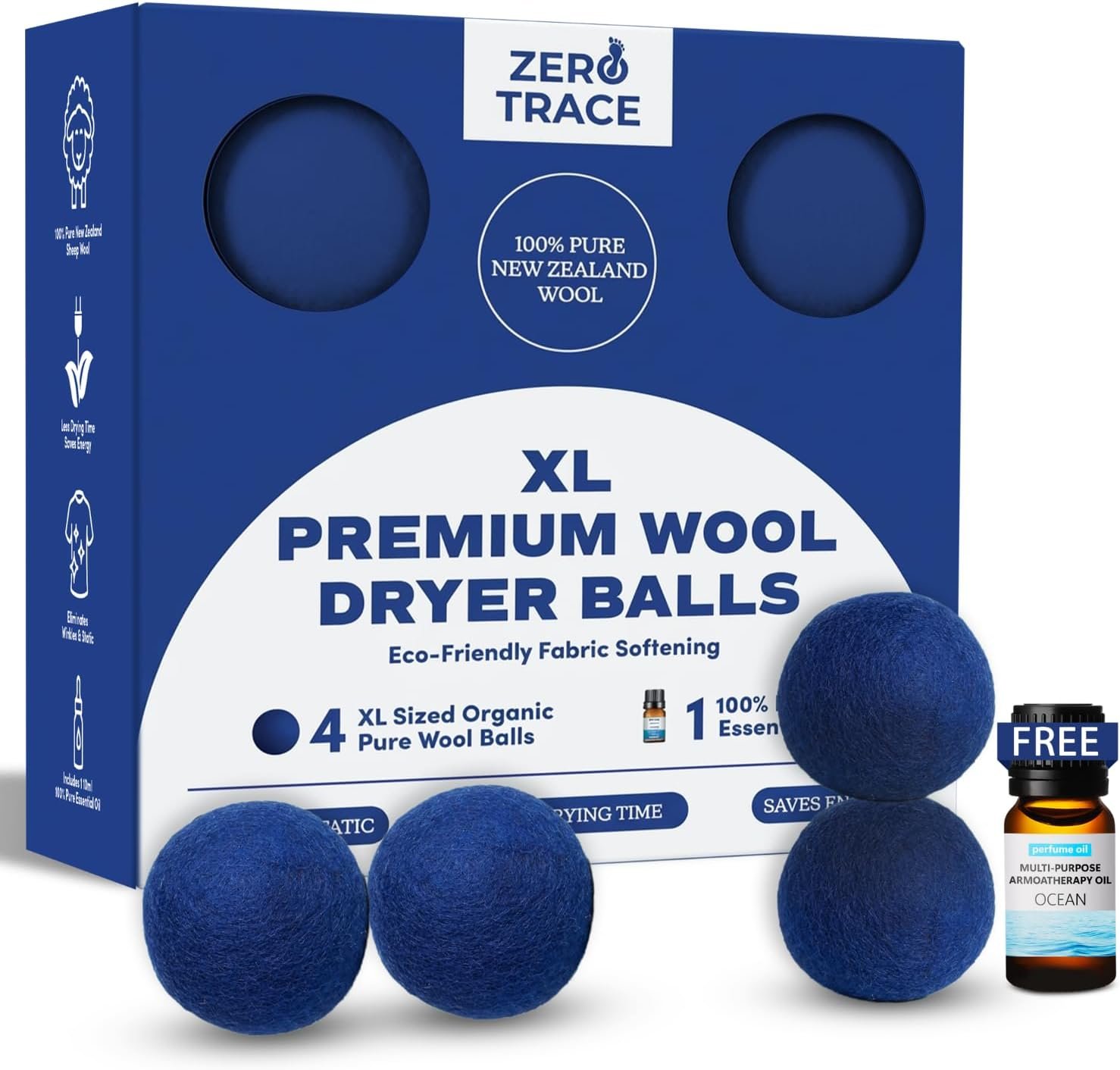 Zero Trace Wool Dryer Balls – Dryer Balls Laundry Reusable – Eliminate Wrinkles Static & Lint – Cruelty Free & Non-Toxic – Laundry Balls for Dryer -Fabric Softener Ball – Wool Balls with Fragrance Oil
