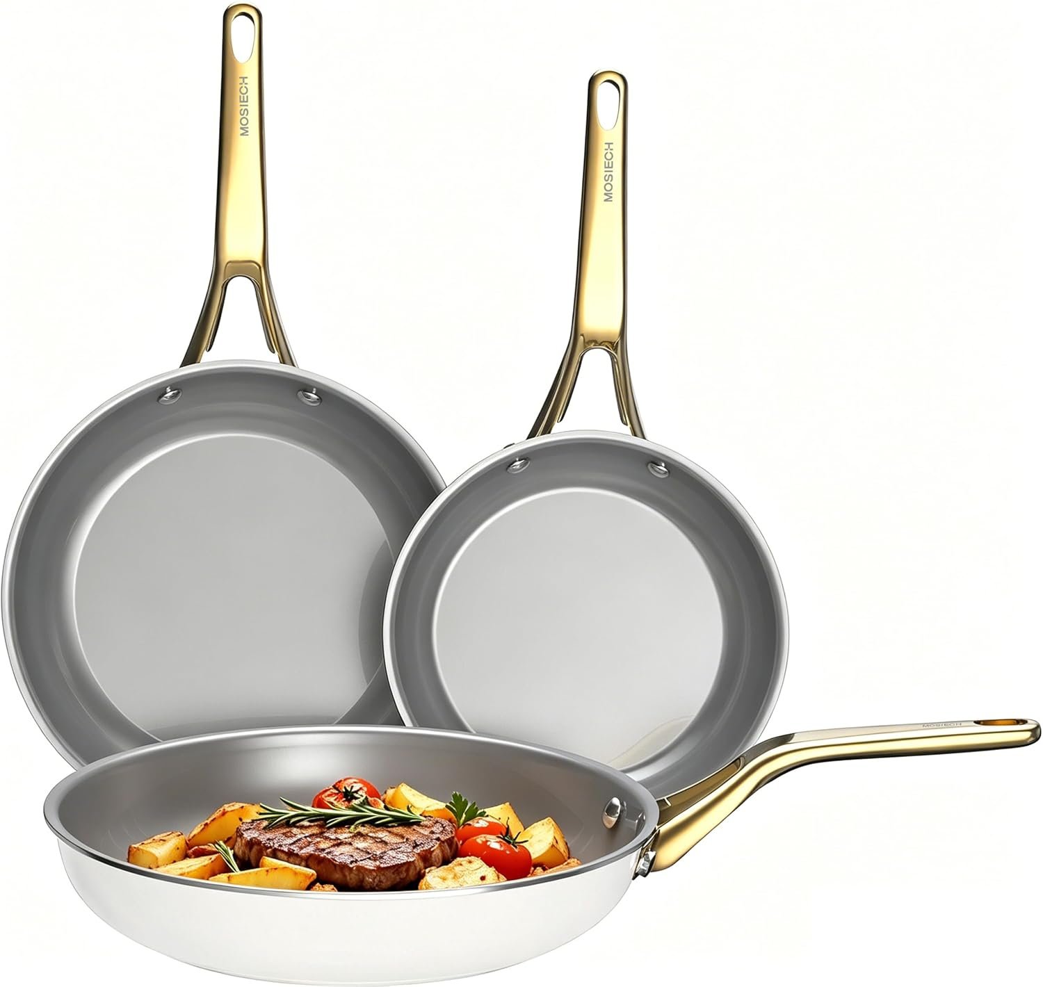 3-Piece White Ceramic Nonstick Frying Pan Set, Induction Cookware