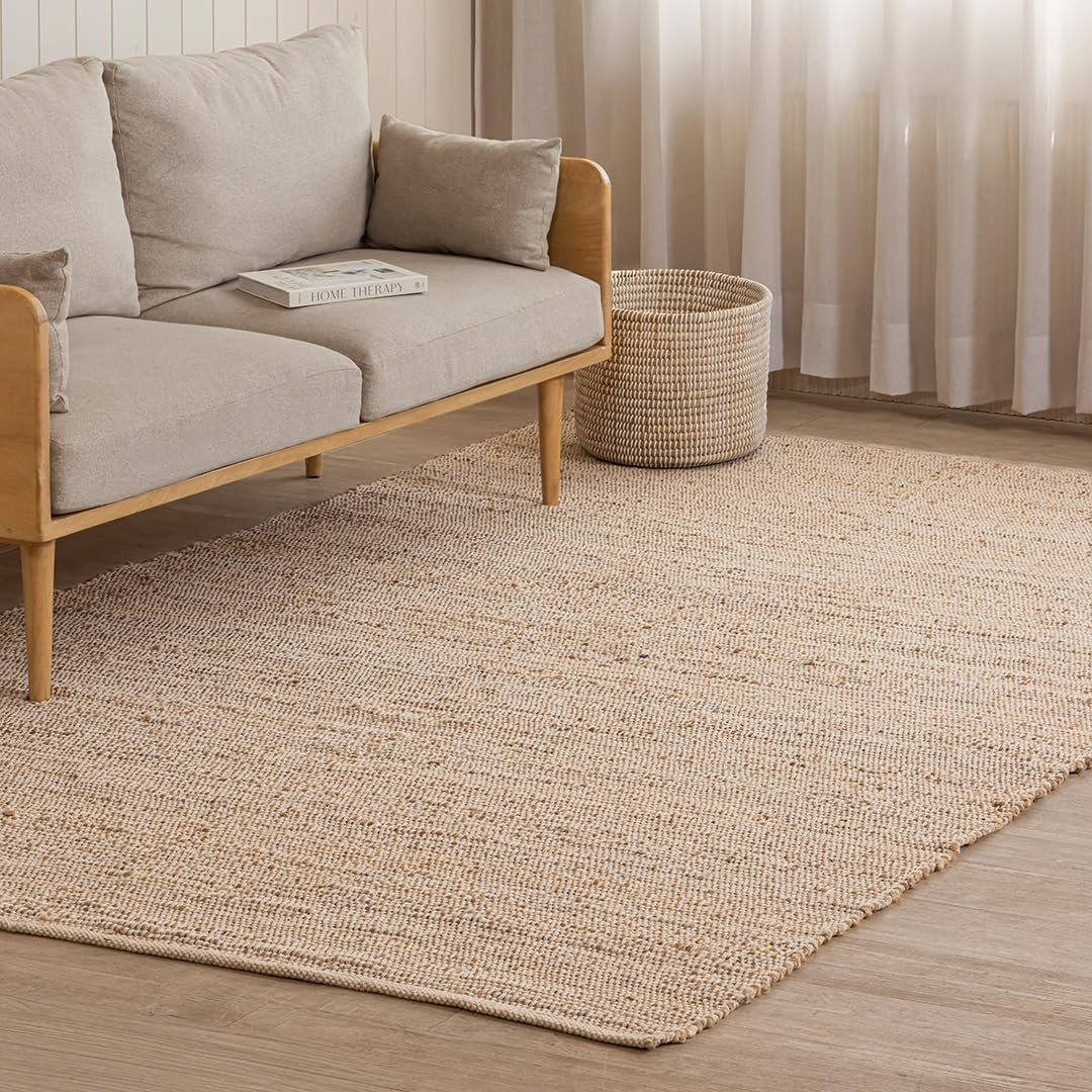 HOMEMONDE Rectangle Natural Jute Cotton Area Rug | Handwoven Reversible Boho Farmhouse Carpet for Living Room, Bedroom & Dining Room | 6′ x 9′ | Natural