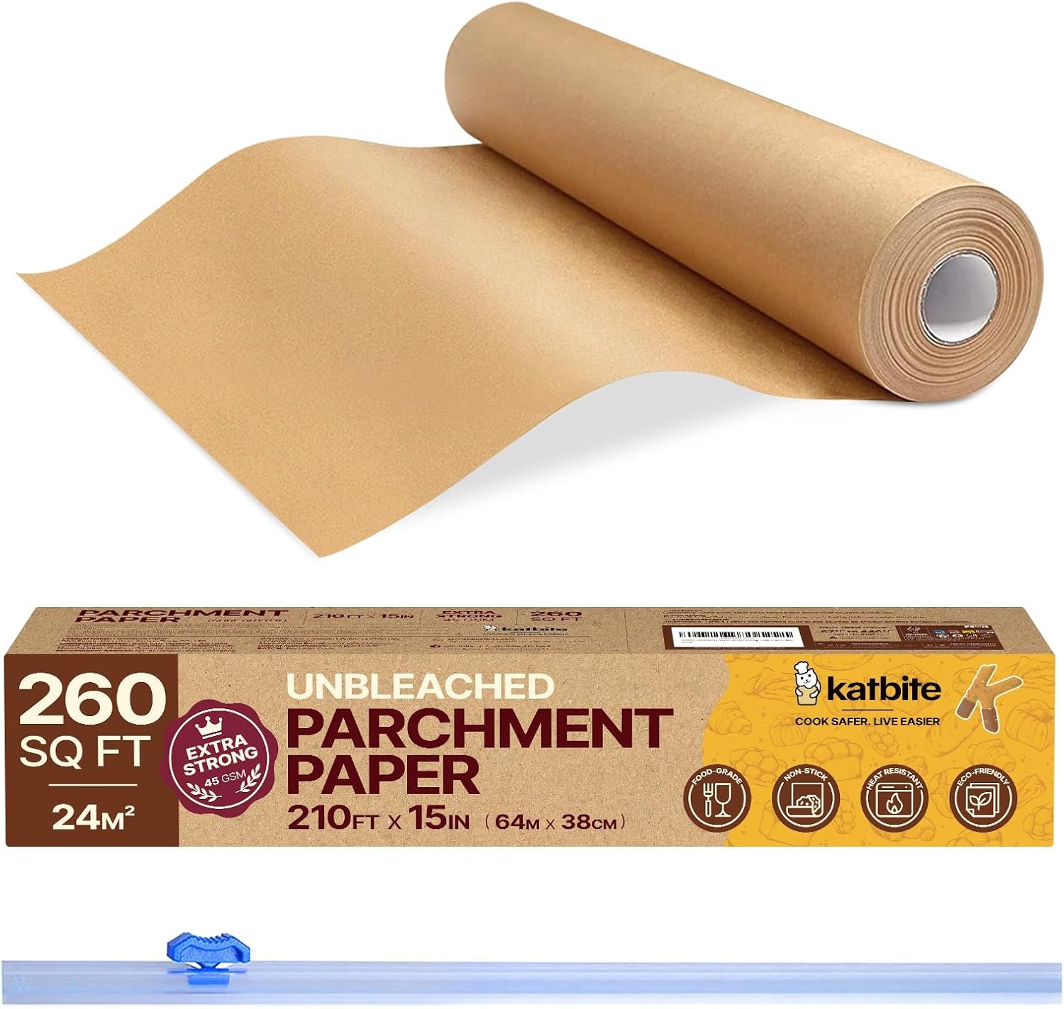 Katbite Unbleached Parchment Paper for Baking, 15 in x 210 ft, 260 Sq.Ft, Heavy Duty Baking Paper with Slide Cutter, Non-stick Brown Parchment Paper Roll for Cooking, Air Fryer, Steaming, Baking Bread