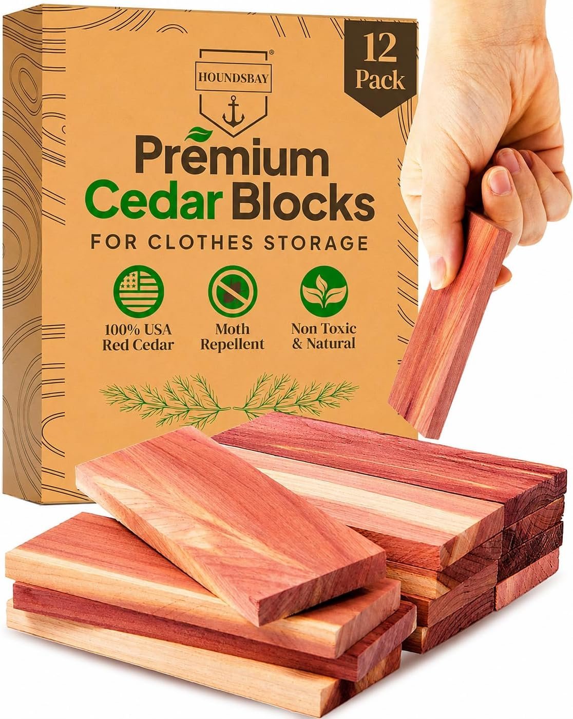 HOUNDSBAY Cedar Blocks for Clothes Storage, 12 PCS Cedar Wood Chip Blocks