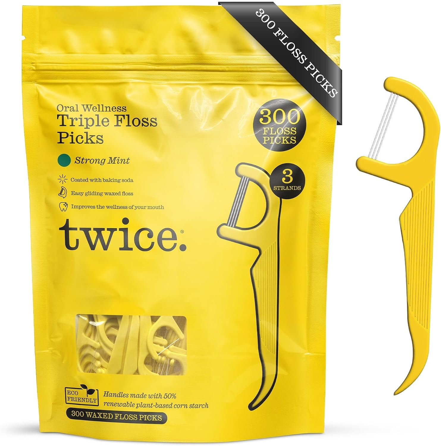 Twice 3-Strand Floss Picks – Dual Action Flosser & Toothpick, Wax-Coated Floss & Eco-Friendly Cornstarch Handles, Vegan, Shred Resistant, Strong Mint, 300 Ct