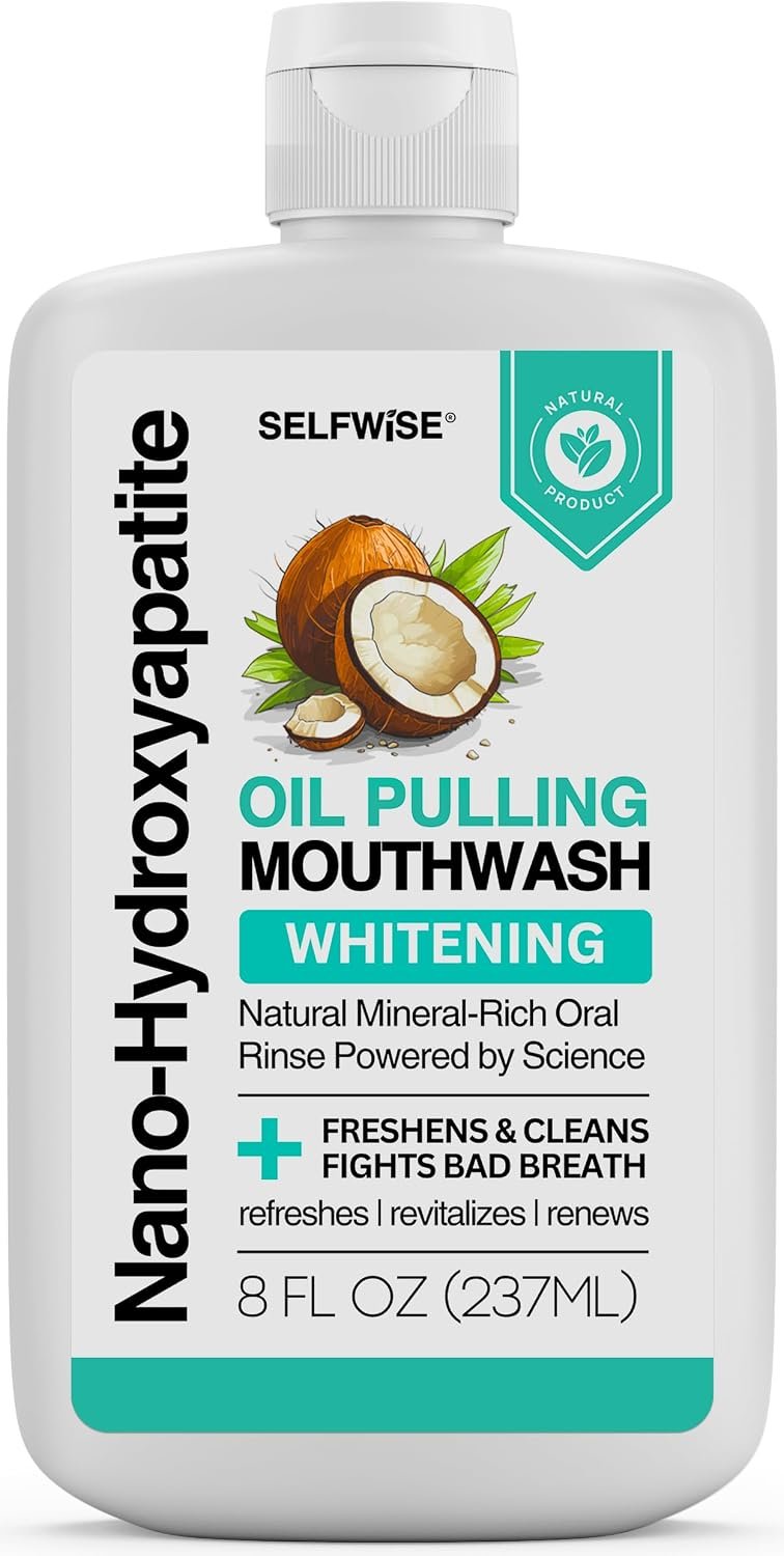 Nano-Hydroxyapatite Oil Pulling Whitening Mouthwash for Teeth and Gums, Natural & Organic, Whitens Teeth, Enamel Care, Freshens Breath – Smooth & Non-Greasy – for Adults & Kids – 8oz