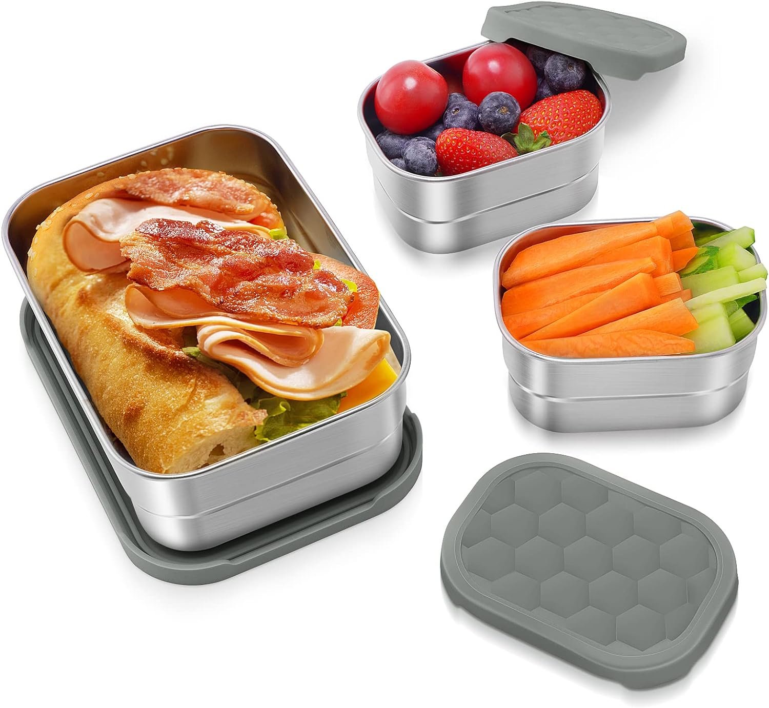 Tanjiae 3 CUP+1 CUP Stainless Steel Lunch Snack Containers Set | Leak Proof 304 Stainless Steel Food Containers with Silicone Lids – Perfect Metal Lunch Box for School and Daycare (25oz+8oz*2)