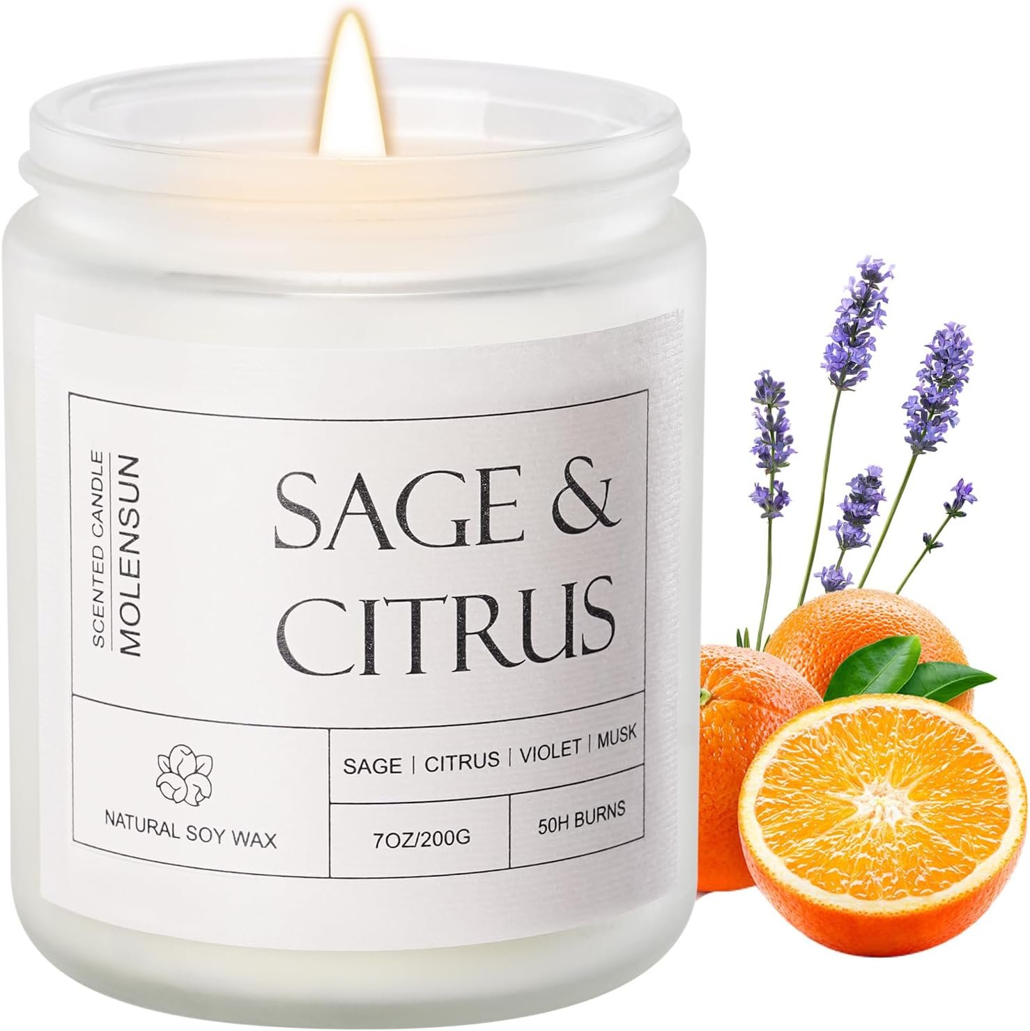 Molensun Sage Citrus Scented Candle, Soy Wax 7 oz