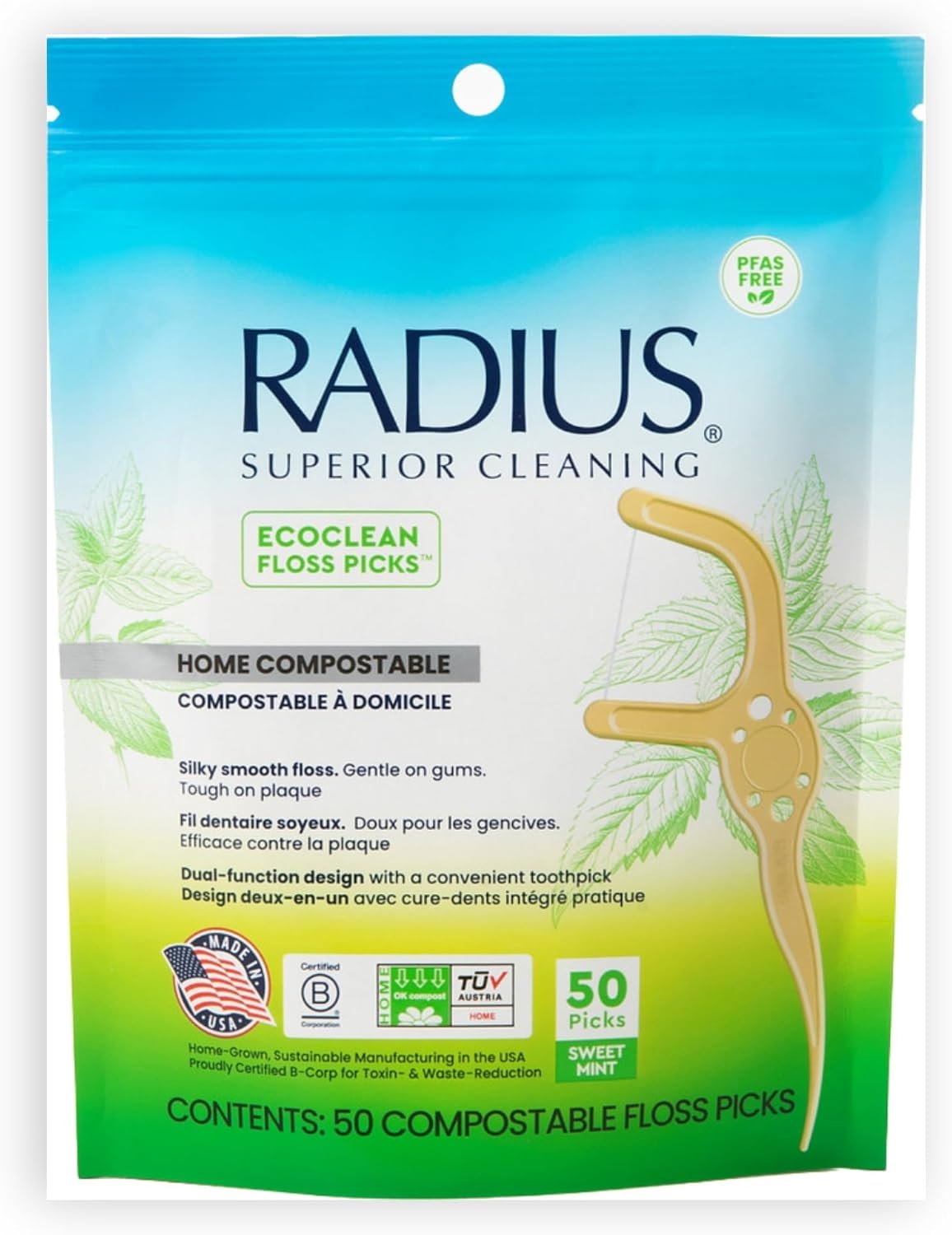 RADIUS EcoClean Floss Picks, Compostable Dental Floss Picks with Built in Toothpick, Silk and Cotton Floss, PFAS Free, Made in USA, Sweet Mint, 50 Count, Pack of 1