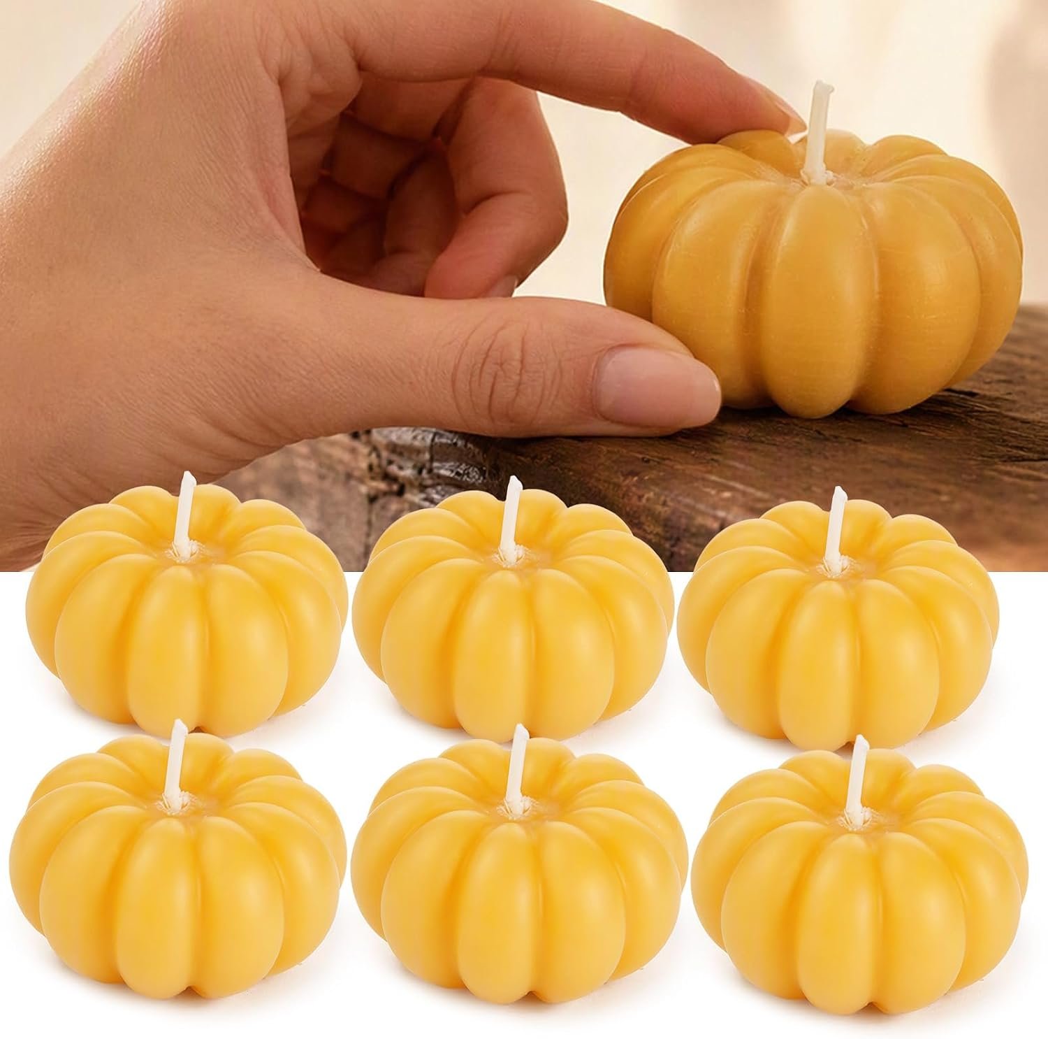 TELOSMA Natural Pure Beeswax Candles 6 Pack, Pumpkin Shape Unscented Yellow