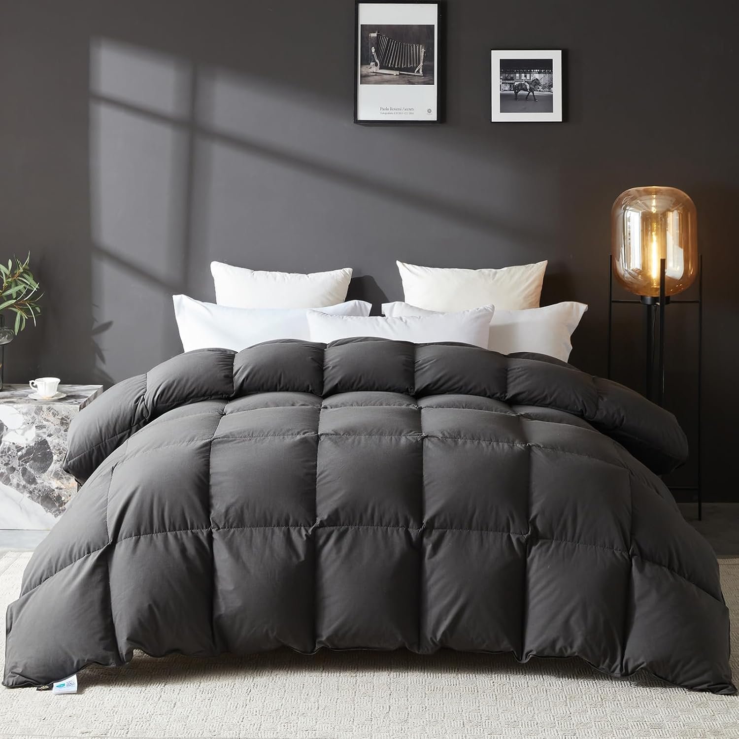 L LOVSOUL Goose Feather Down Fiber Comforter Queen, Grey, All Season