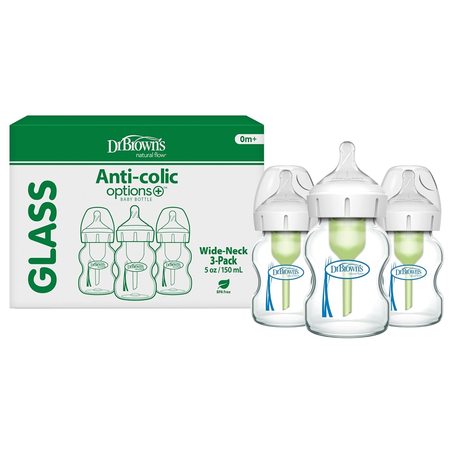 Dr. Brown’s Anti-Colic Options+ Wide-Neck Glass Baby Bottle, 5 oz, 3-Pack