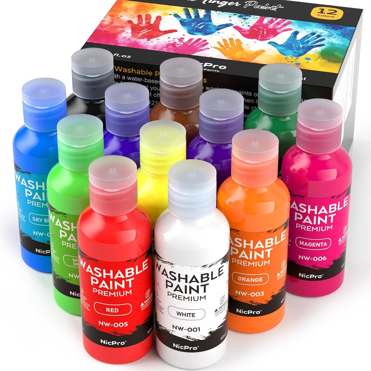 Nicpro 12 Colors Washable Finger Paint for Toddlers 1-3 (2oz), Non-Toxic