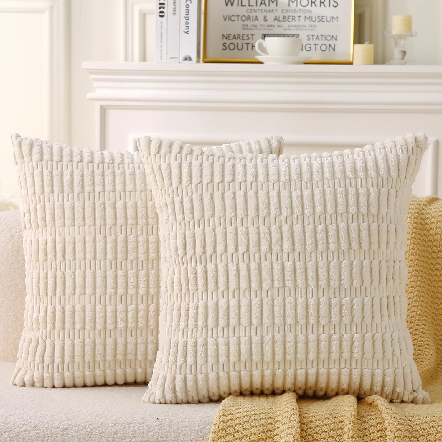 2 Pack Corduroy Decorative Throw Pillow with Inserts, 18×18 Inch Soft Boho Throw Pillow, Square Striped Throw Pillows for Couch, Bed, Sofa Decor(Beige)