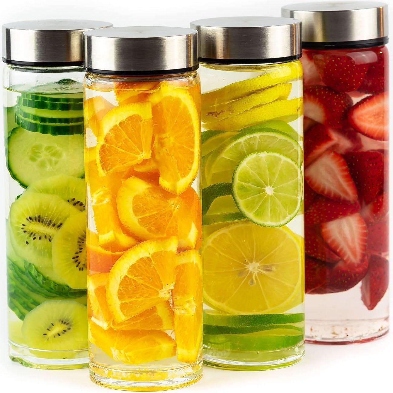 Juice Bottles, Wide Mouth Glass Water Bottles & Stainless Steel Lids, 16oz