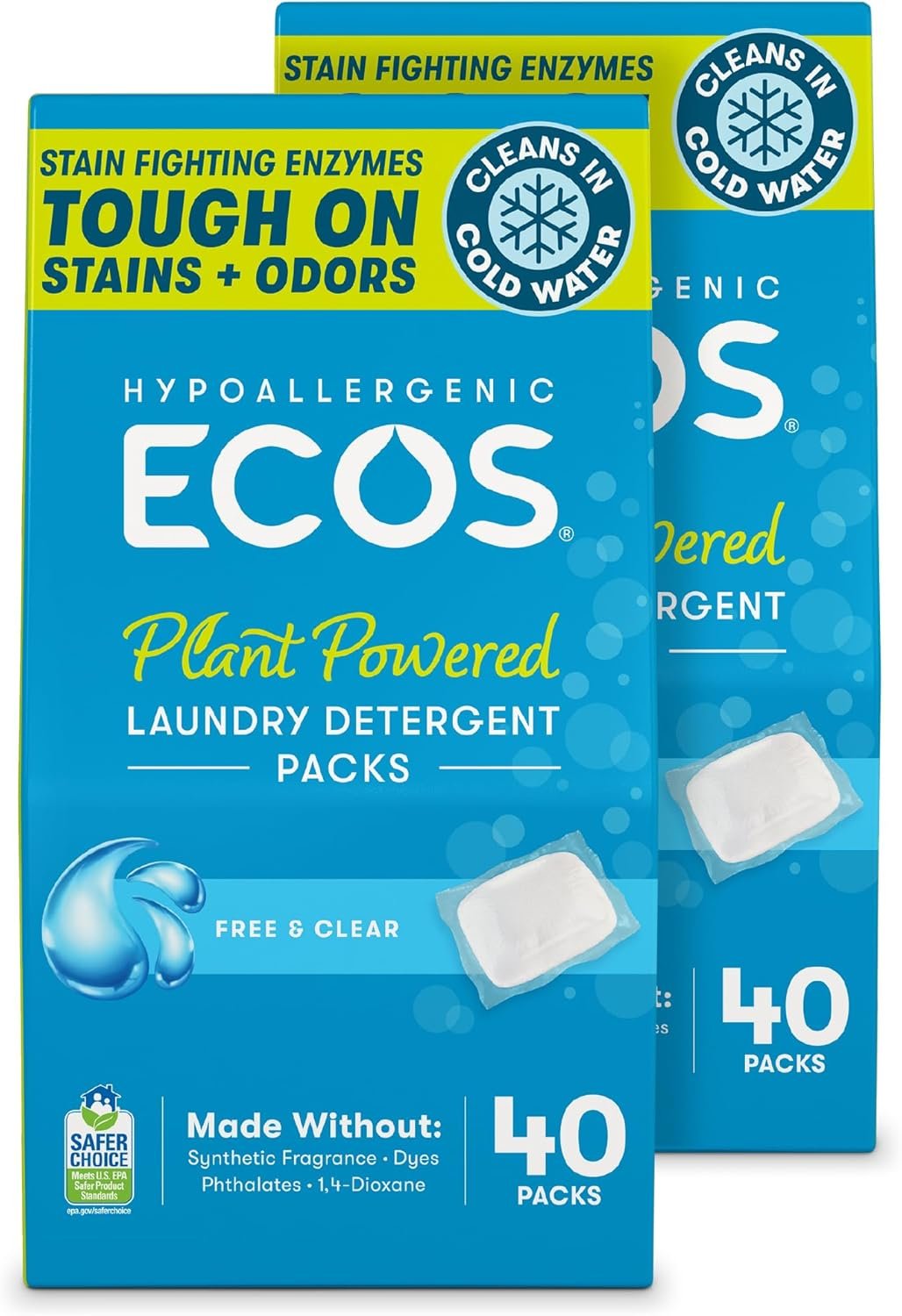 ECOS Laundry Detergent Packs, 80 Loads – 100% Plastic Free Packaging – Convenient No Mess Washing Soap Packs – Hypoallergenic for Sensitive Skin – Free & Clear
