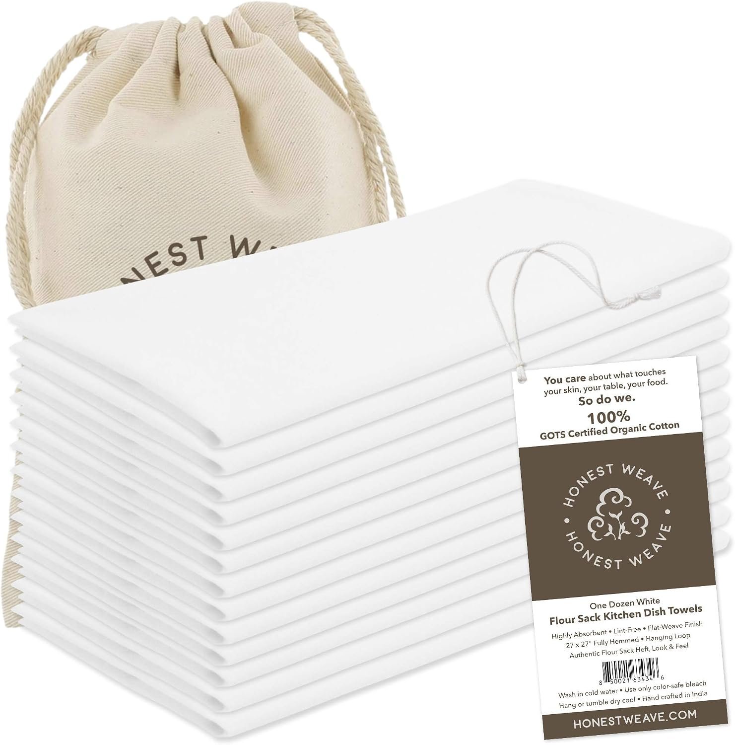 HONEST WEAVE GOTS Certified 100% Organic Flour Sack Cotton Kitchen Hand and Dish Towel Sets – Extra Large 27×27 inches, Fully Hemmed, 12-Pack, White