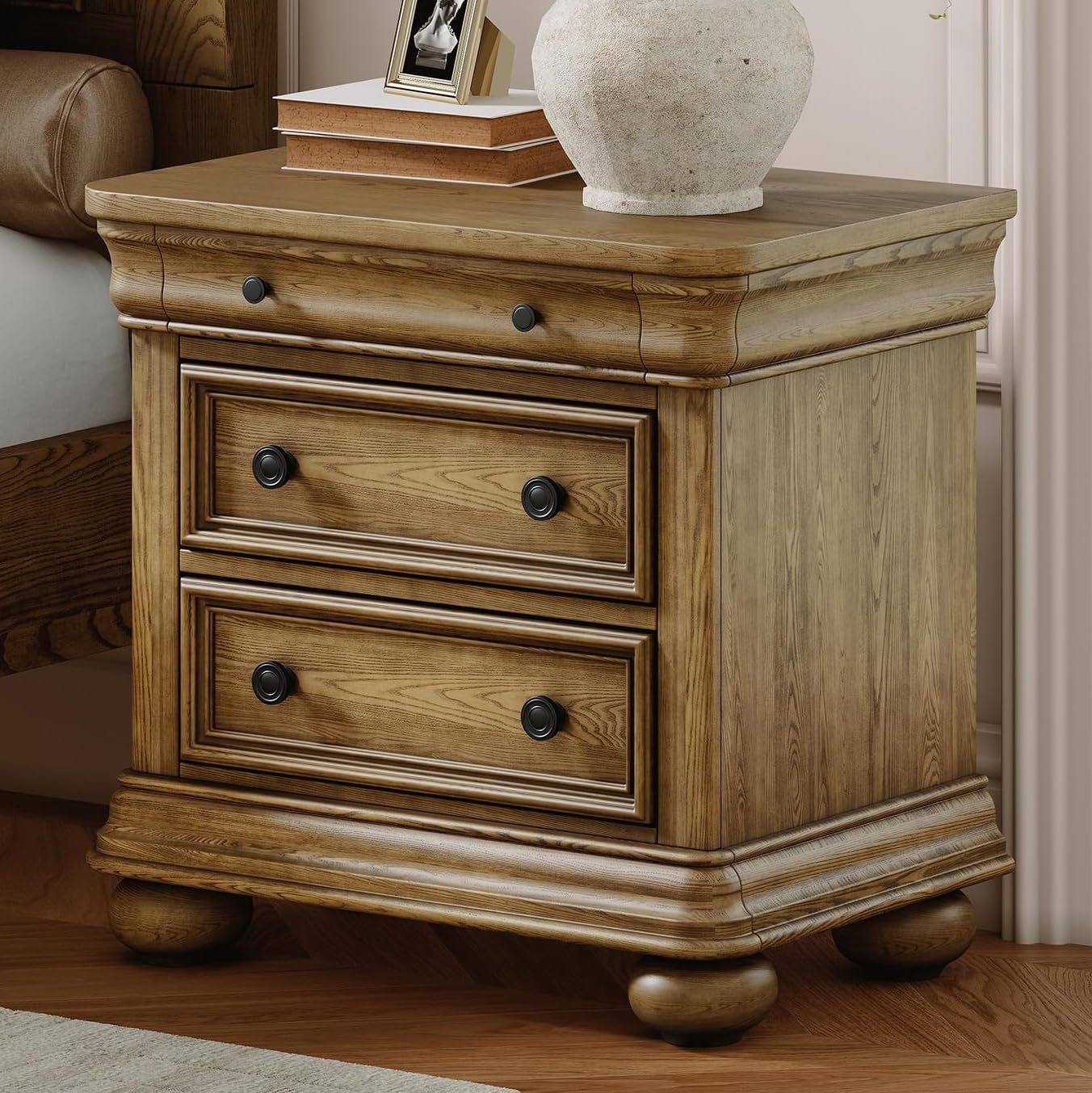 AMERLIFE 26″ Fully Assembled Solid Wood Nightstand, Light Brown