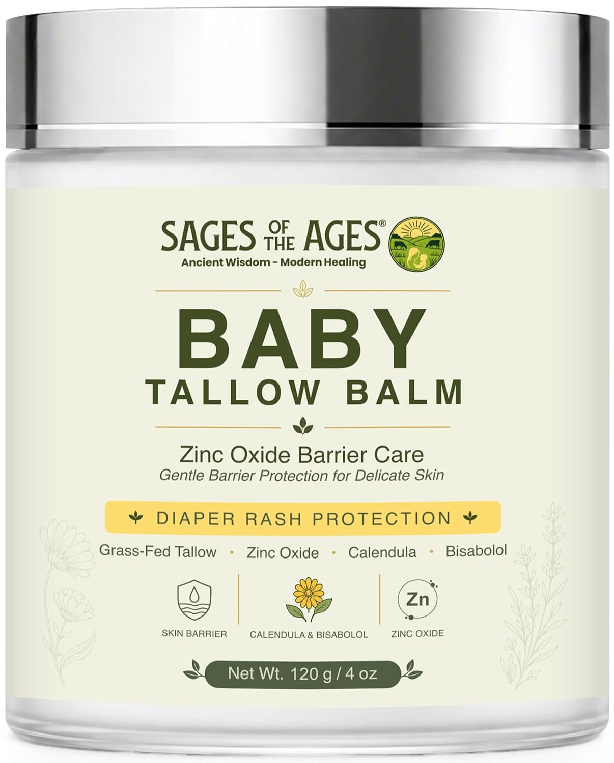 Baby Diaper Balm for Rash Protection with Grass-Fed Tallow & Zinc Oxide