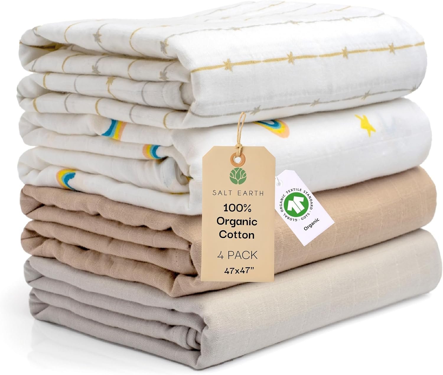 47″x 47″ GOTS 100% Organic Cotton Swaddle Blanket 4 Pack (Solids/Rainbow)